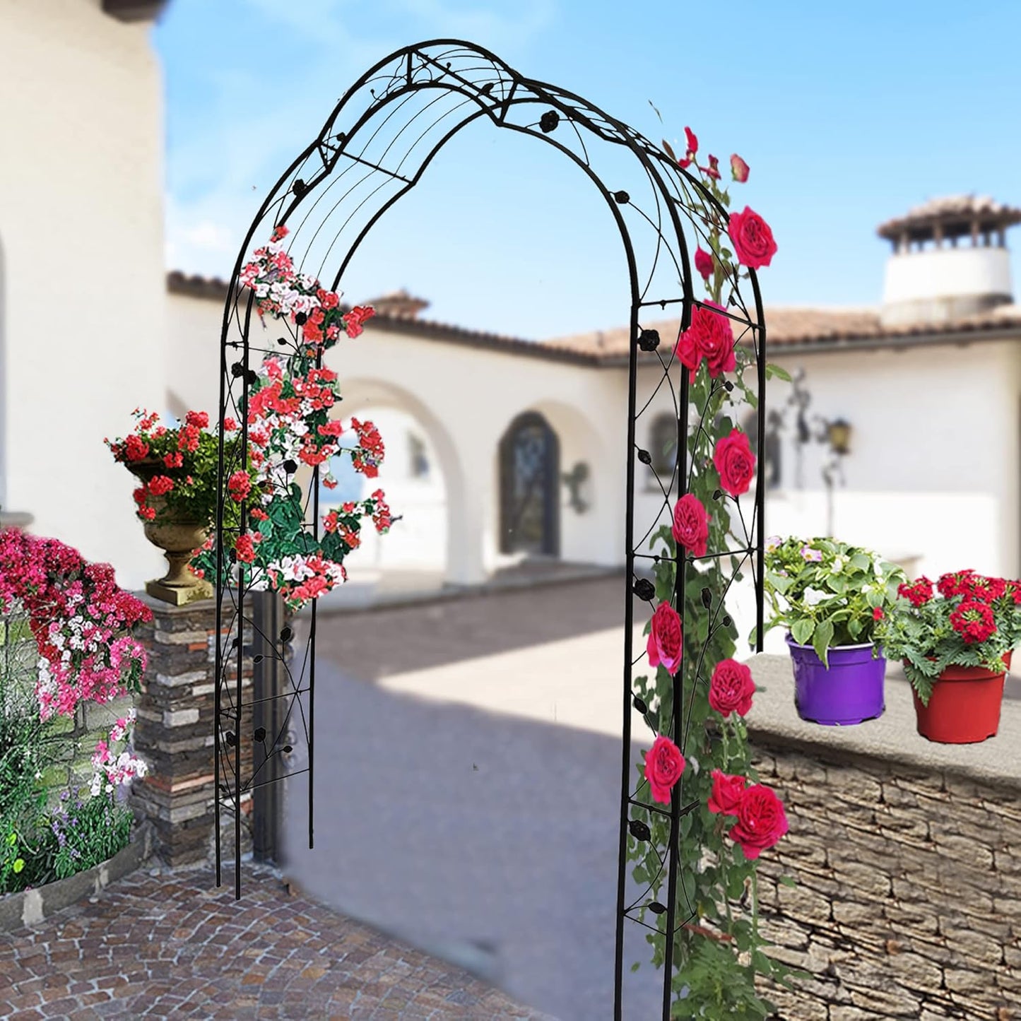 Metal Garden Arch 98.4" H Garden Arbor Trellis for Outdoor Climbing Plants Support Rose Lawn Tall Large Scale Event Arch(L, Black)