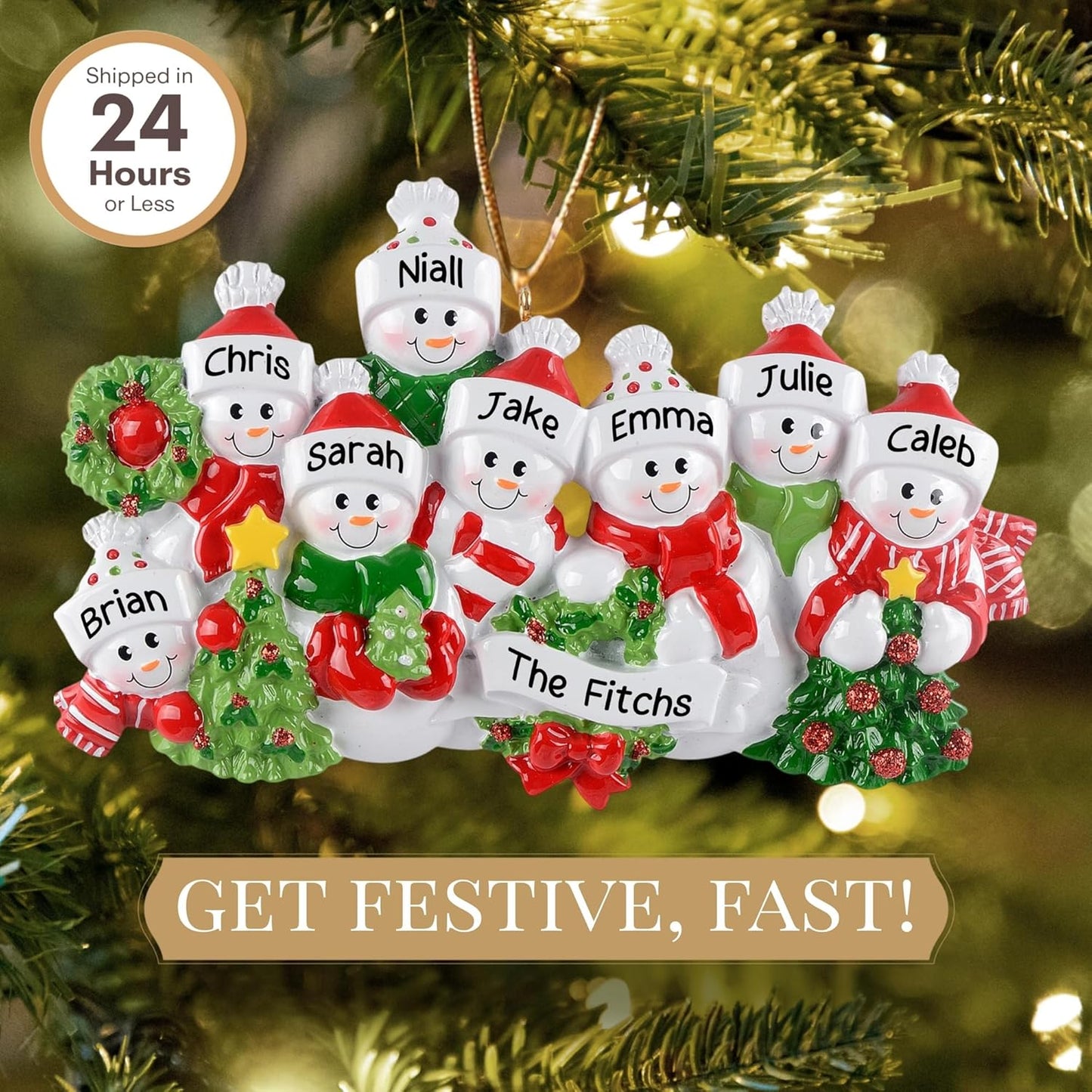 Personalized Large Family of 8 Ornament 2025 | Free 24h Customization | Laser Engraved Snowman Christmas Ornaments for Tree | Custom Gift Wrapped Festive Holiday Keepsake for Eight Persons