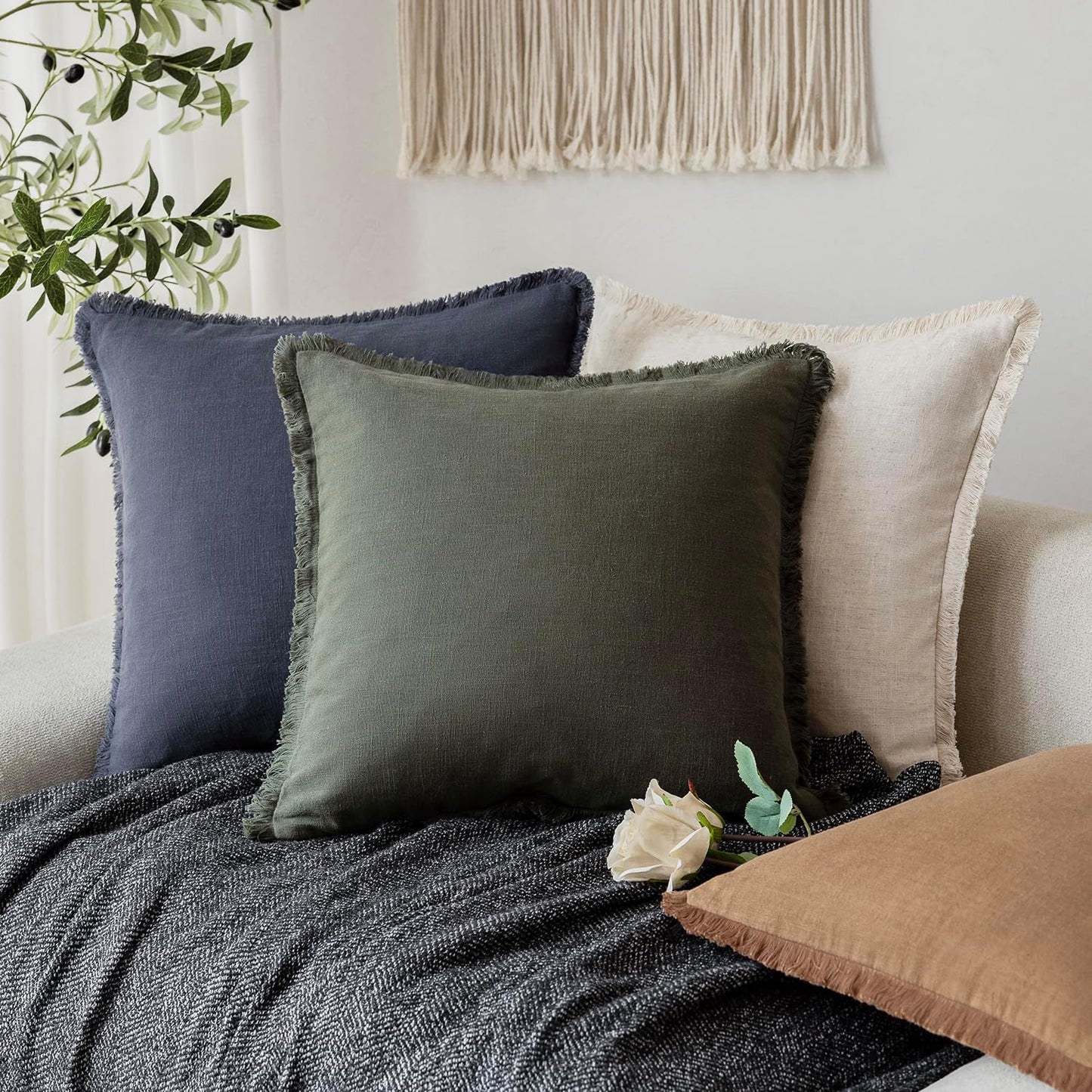 Foindtower Set of 2 Decorative Linen Fringe Throw Pillow Covers Cozy Farmhouse Cushion Cover with Tassels Accent Pillowcase for Couch Chair Sofa Bed Living Room Home Decor,24×24 Inch,Dark Olive Green