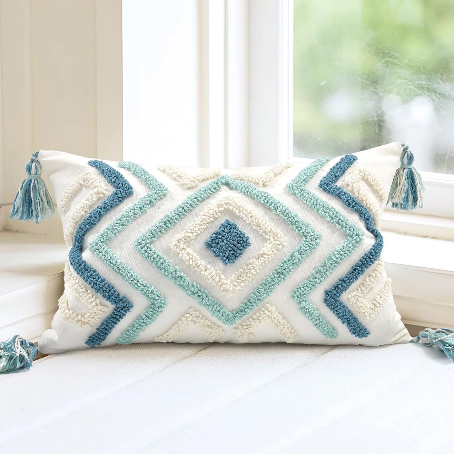 Boho Pillow Covers 12X20 Inch Boho Tufted Throw Pillow Covers Decorative Tassels Cushion Cover Farmhouse Pillow Case for Couch Sofa Bed Living Room Bedroom, Teal
