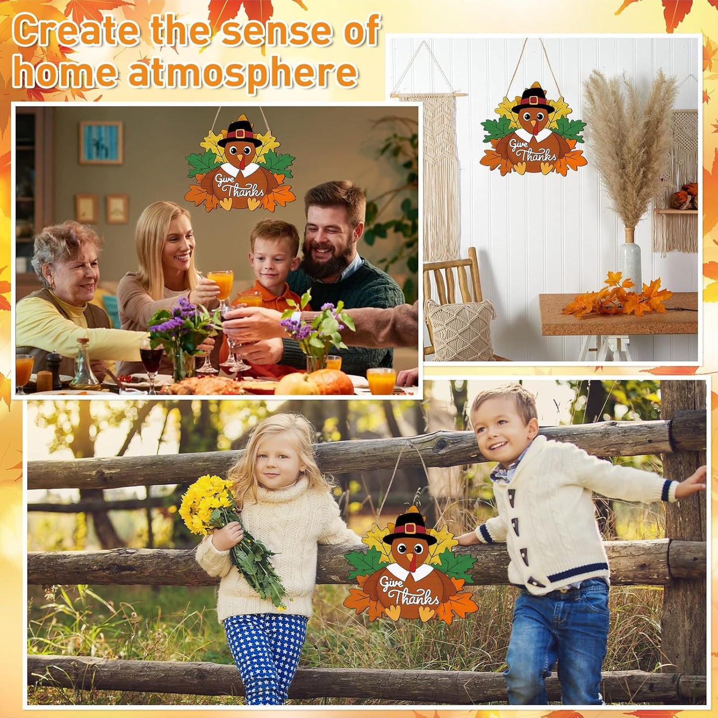 Paintable Thanksgiving Ornaments 3 Sets, Wooden Turkey Ornaments to Paint, Unfinished Give Thanks Wreaths Wood Crafts for Painting, Wood Cutouts DIY Ornament for Door Decor