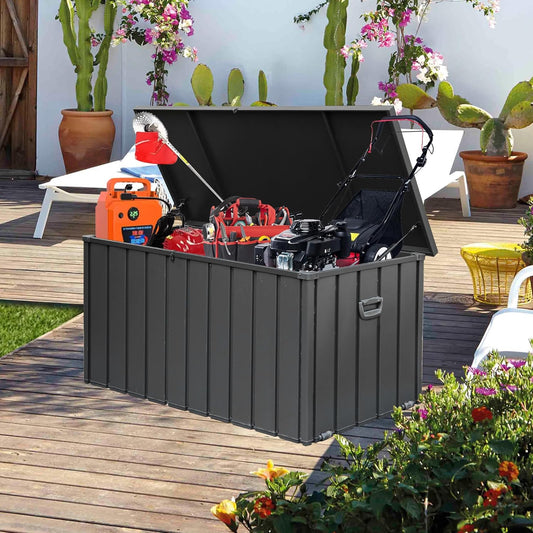 Domi 160 Gallon Deck Box, Outdoor Metal Lockable Storage Cabinet, Waterproof Steel Outdoor Bench with Lockable Lid, Side Handles & Rolling Casters for Outside Cushions, Pillows, Garden Tools, Grey