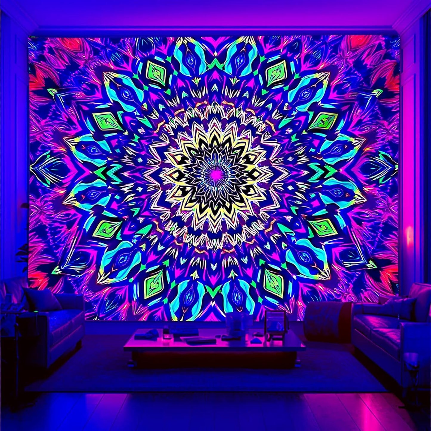 Blacklight Mandala Tapestry for Bedroom, Large Black Light Posters for Adults and Teens, Colorful UV Reactive Aesthetic Bohemian Wall Art Decor (80 x 60 Inches)