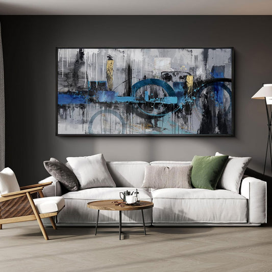 KLAKLA Abstract Canvas Wall Art - Blue and Gray Lnk Style Gold City Scenes Wall Decor Living Room Bedroom Decoration Black Frame Picture Artwork for Wall Modern Landscape Wall Decor