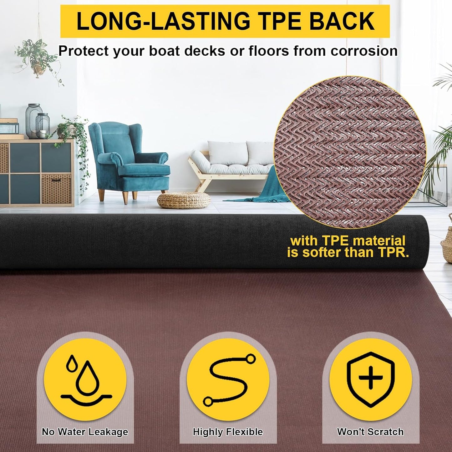 Marine Carpet - 6 FT x 10 FT Black Indoor Outdoor Rug (0.2" Thick) with Water-Proof TPE Backing, Non-Slip Outdoor Marine Carpet Roll for Home, Patio, Porch, Deck