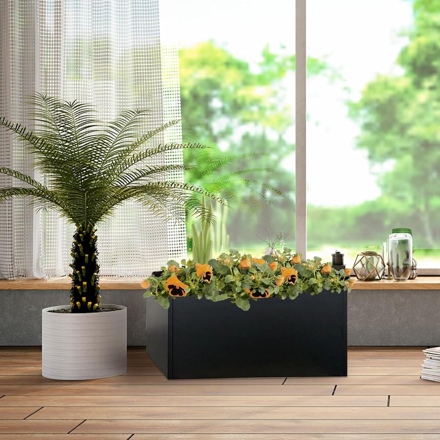 Galvanized Steel Planter Black Metal Outdoor Planter Powder Coated 32" x 12" x 16" Pot Metallic Heavy Pot Indoor & Outdoor, Commercial & Residential (L32 x W12 x D16, Black)