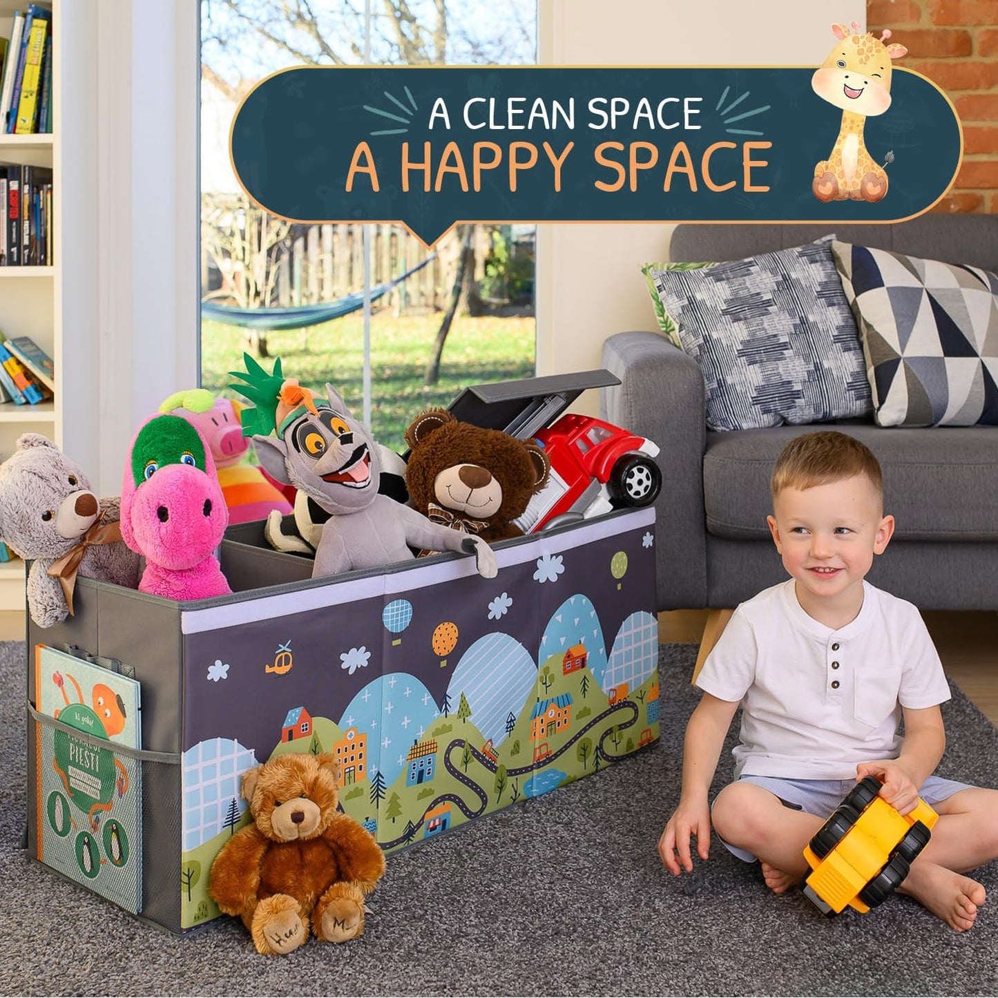 Extra Large Toy Storage Organizer with Lid - Sturdy, Collapsible Toy Chest Storage Box with Cute Design - Toys Bin with Dividers for Kids, Boys, Girls, Nursery, Bedroom, Play room 37"x16"x14"