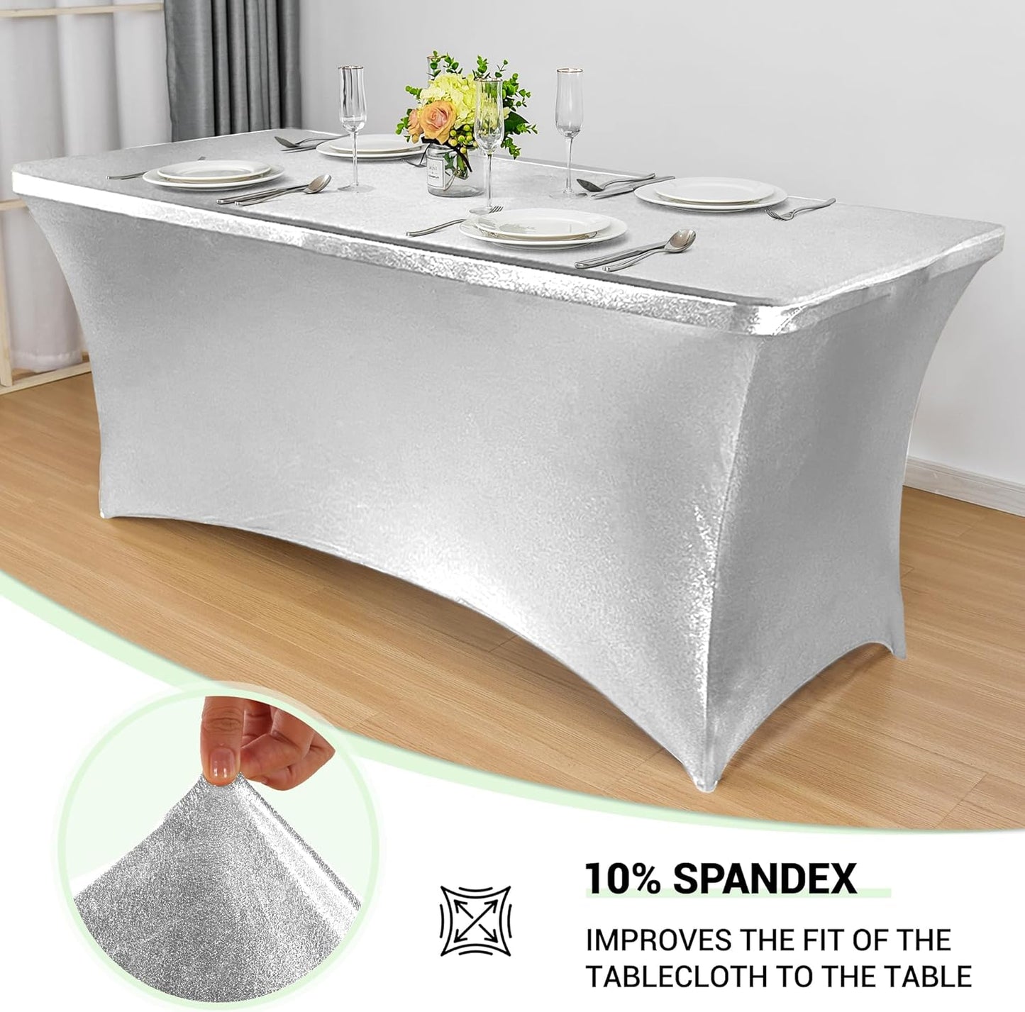 Obstal 6ft Stretch Spandex Table Cover for Standard Folding Tables - Universal Rectangular Fitted Tablecloth Protector for Wedding, Banquet and Party, 72L x 30W x 30H Inches, Stamping Silver, 2pc