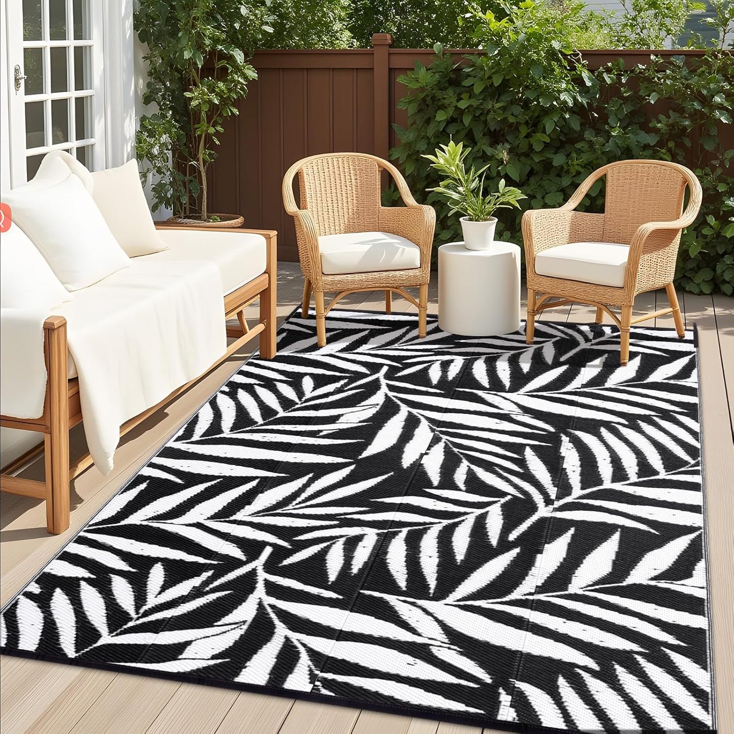 OLANLY Waterproof Outdoor Rug 9x12 ft, Reversible Outdoor Plastic Straw Rug with Leaf Pattern, RV Mat, Indoor Outdoor Carpet for Patio, Camping, Balcony, Deck, Backyard, Black & White