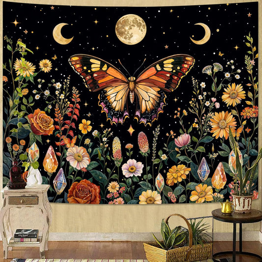 Lunerfex Boho Butterfly Tapestry Flower Moon Wall Tapestry, Moon Phases Tapestries for Bedroom Cute Tapestries Wall Hanging for Bedroom Living Room Decor Butterfly-2 44"x60"