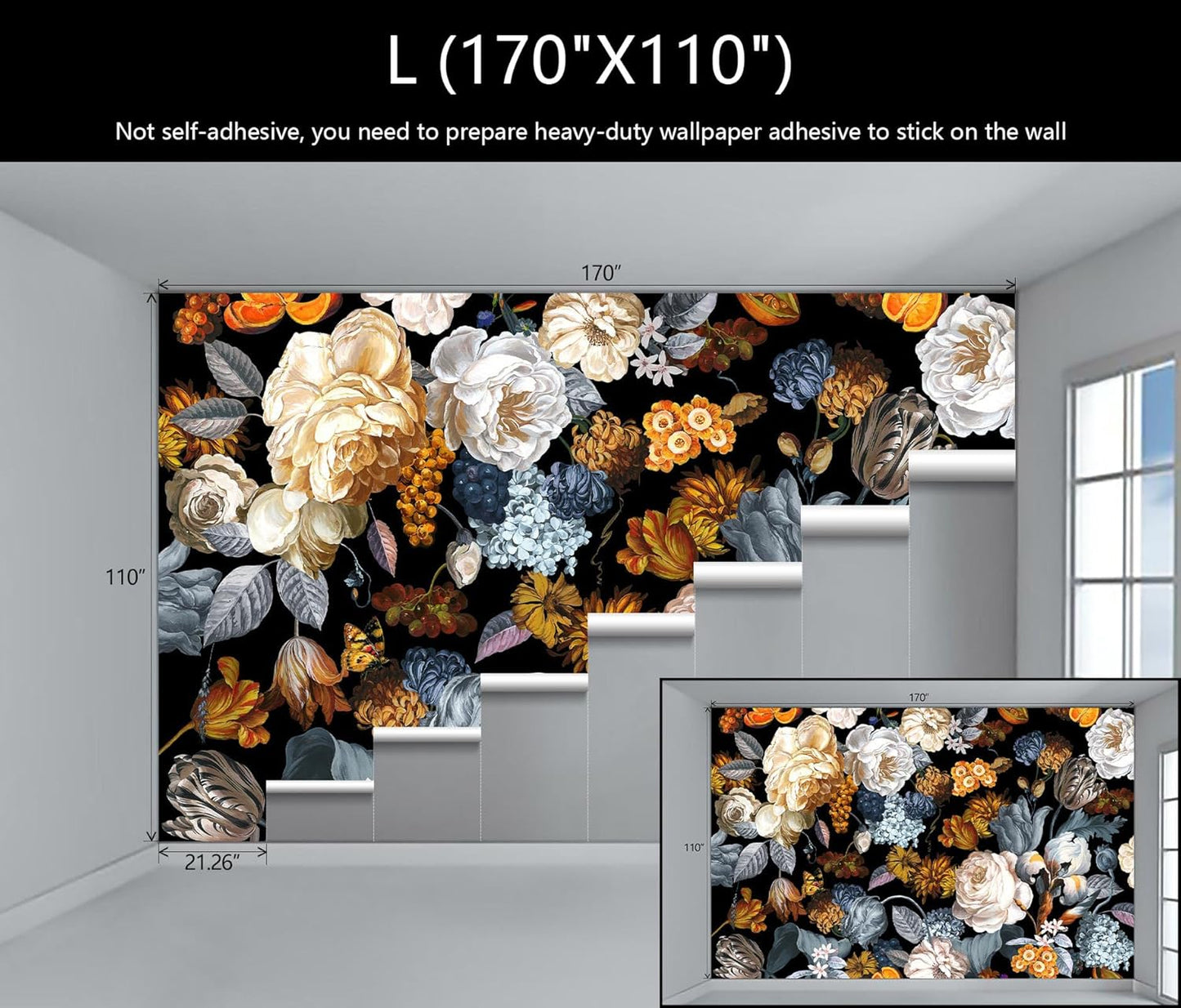 WFBHUA-Black and Gold Floral Wallpaper for Bedroom Vintage Blue Peony Flower Wall Mural (Not Peel and Stick)