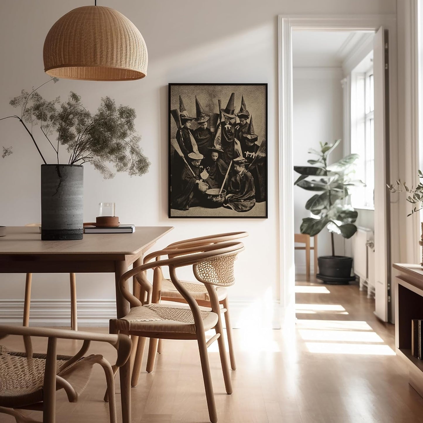 Poster Master Vintage Photograph Poster - Retro Halloween Print - Gift for Artist, Friend - Witches Cooking, Pointy Hats, Broomsticks, Black Magic - Wall Decor for Bedroom, 18x24 Unframed Wall Art