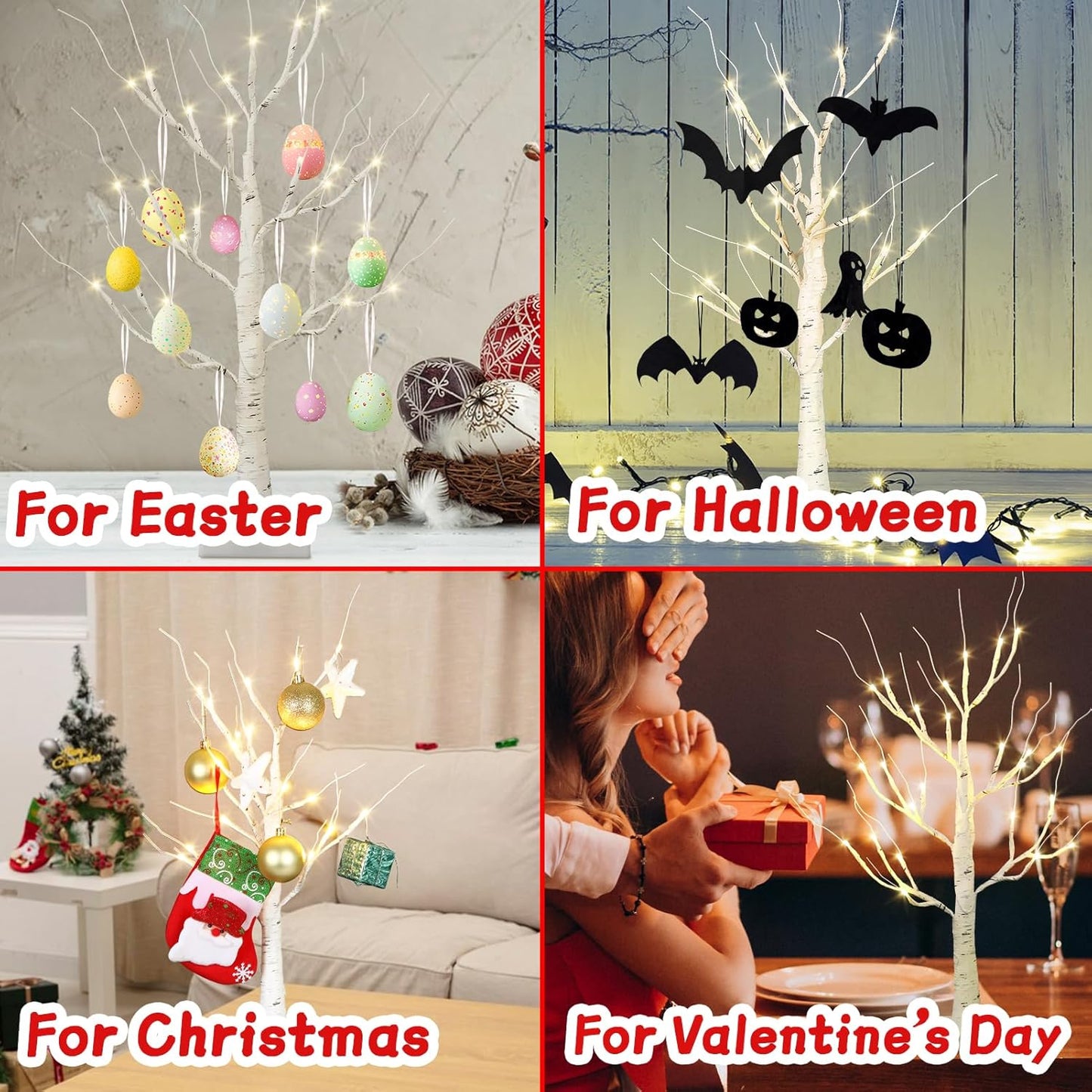 Christmas Decorations Indoor,2 Pack 2 FT White Lighted Birch Tree with Led Lights,Christmas Tree Decorations,Table Top Decor for Home Hanging Ornaments Halloween Valentines,Battery Operated
