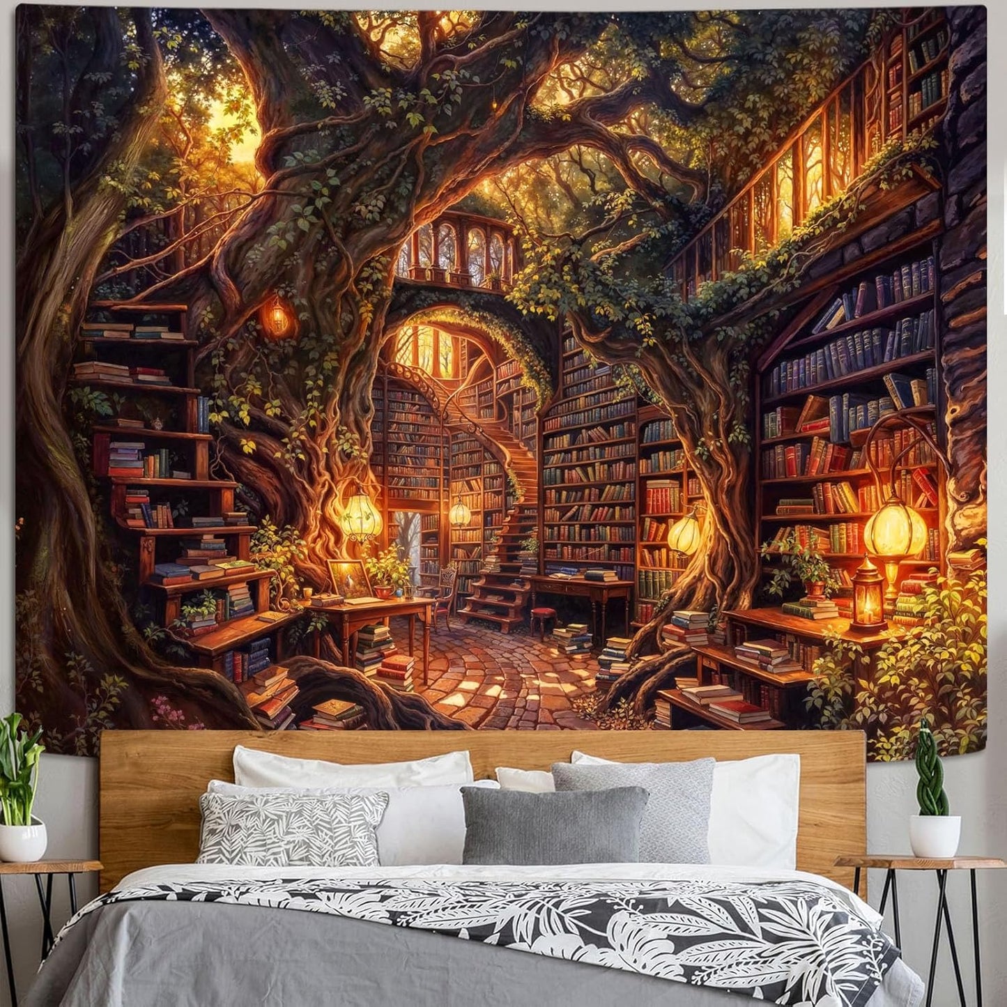 Accnicc Forest Library Tapestry Tree Bookshelf Tapestries Wall Hanging Vintage Fantasy Fairy Treehouse Book Extra Large Tapestry for Bedroom Living Room Dorm Classroom 90 x 68 inch