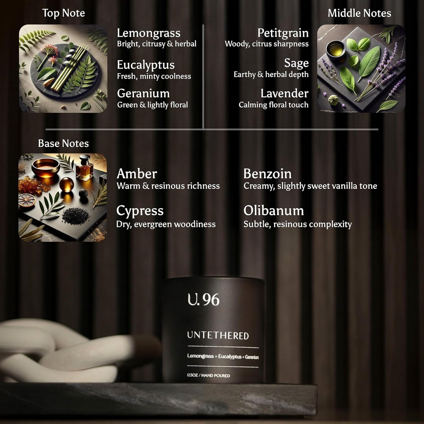 U.96 Luxury Scented Candle – Lemongrass, Eucalyptus & Amber | Hand-Poured in USA w/ 100% Natural Coconut & Apricot Wax | Double Wick, Long-Lasting Aromatherapy Candle for Home, Gift, & Rest (12.5 oz)