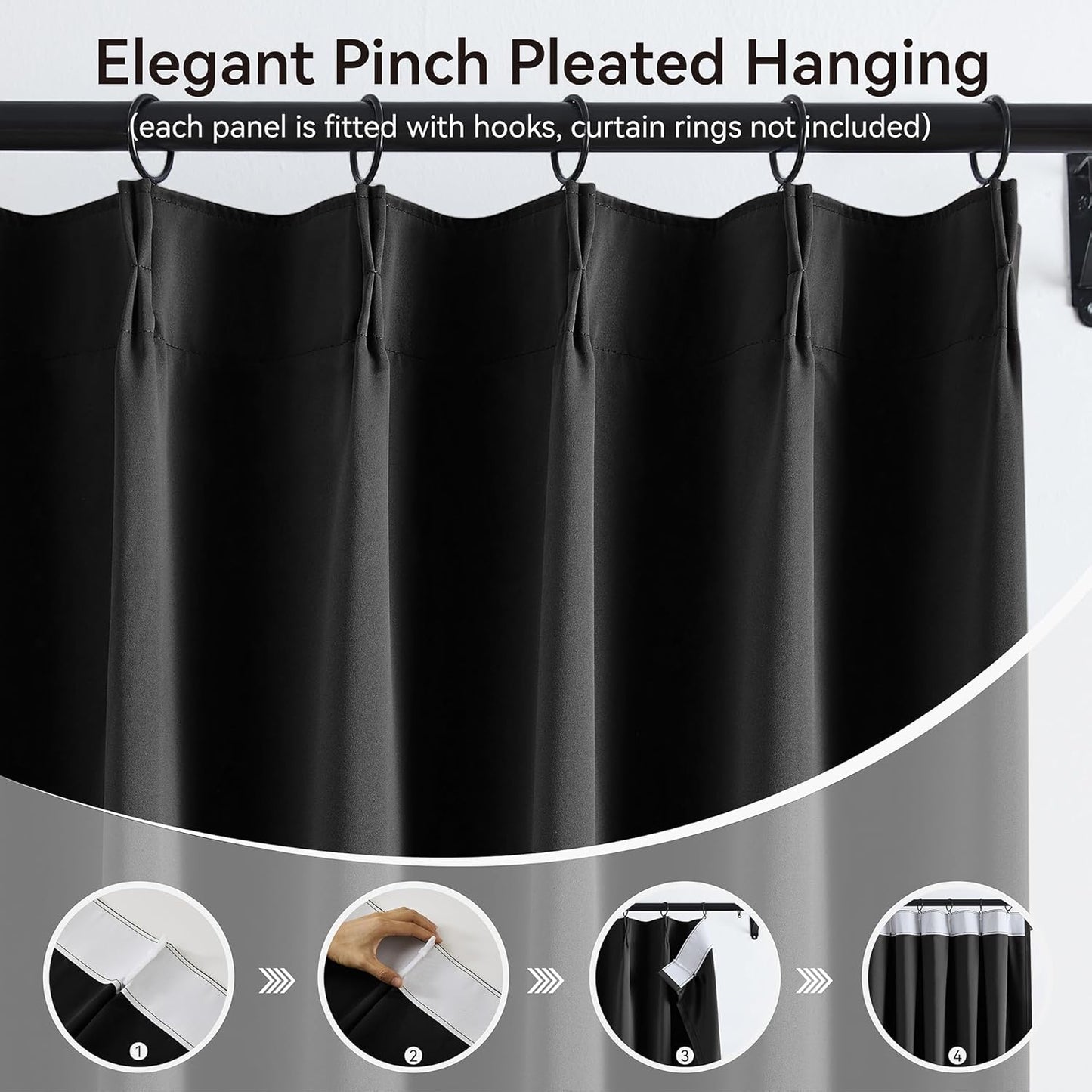 KangBang Pinch Pleated 108 Inch Long Blackout Curtains 2 Panels Set, Thermal Insulated Energy Saving Privacy Draperies for Sliding Door Doorway with Hooks Track System,40”Wx108”L, Black