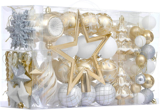 Valery Madelyn Christmas Ball Ornaments, 100ct White and Gold Shatterproof Christmas Tree Decorations Set, Elegant Hanging Ornaments for Xmas Trees Bulk Holiday Wedding Party Decor