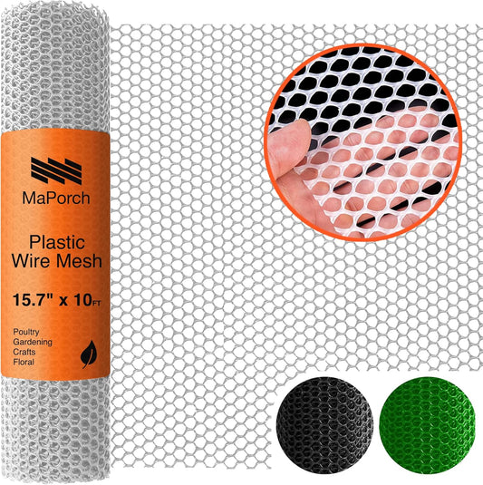 MaPorch Plastic Wire Mesh Fence - White, 15.71" x 10 ft - Plastic Chicken Wire Fencing for Dogs, Rabbits & Poultry - Chicken Netting - Snake Barrier - Balcony Netting for Pets - Balcony Cat Barrier