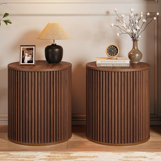 AVZEAR Small Round Side Table Fluted Night Stand Set of 2, Mid Century Modern End Table with Storage, Circle Bedside Tables Wood Nightstands for Small Spaces, Living Room, Bedroom (Walnut)