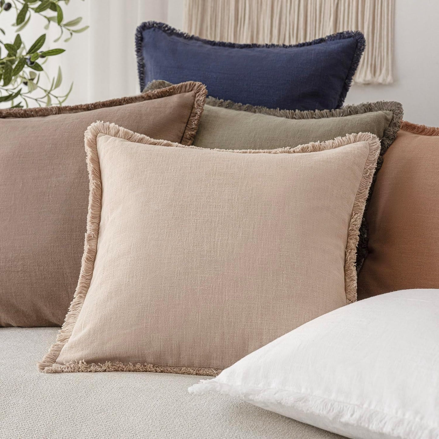 Foindtower Set of 2 Decorative Linen Fringe Throw Pillow Covers Boho Farmhouse Cushion Cover with Tassels Soft Accent Pillowcase for Couch Chair Sofa Bed Living Room Home Decor,24×24 Inch,Tan Beige