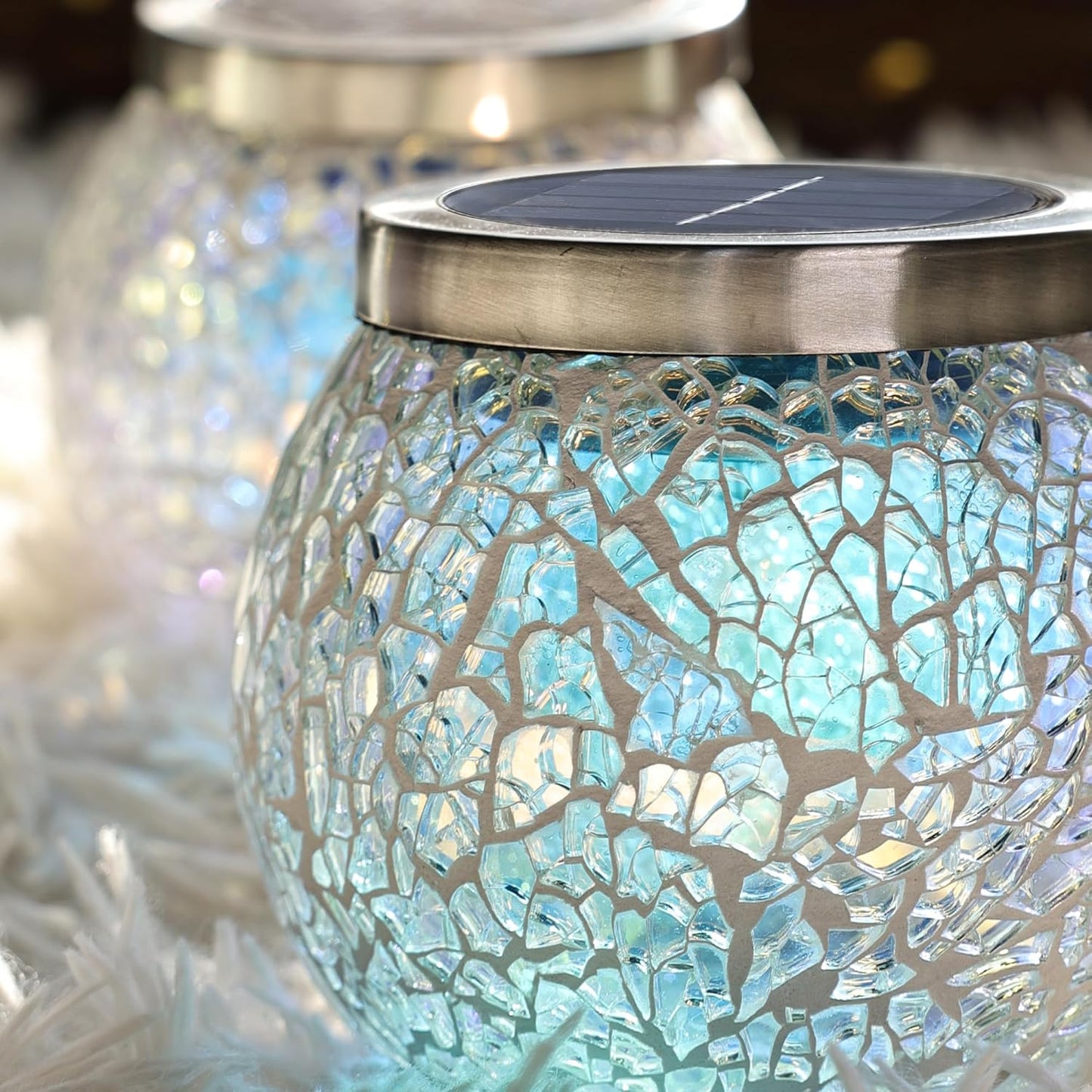 Cooo 4 Pack Heavy Solar Mosaic Crackle Glass Lights with Dual Solar Panels, Color-Changing RGB Lantern, Exclusive Dazzling Glass, Waterproof Outdoor Table Lamps Garden Lamp Landscape Path Light