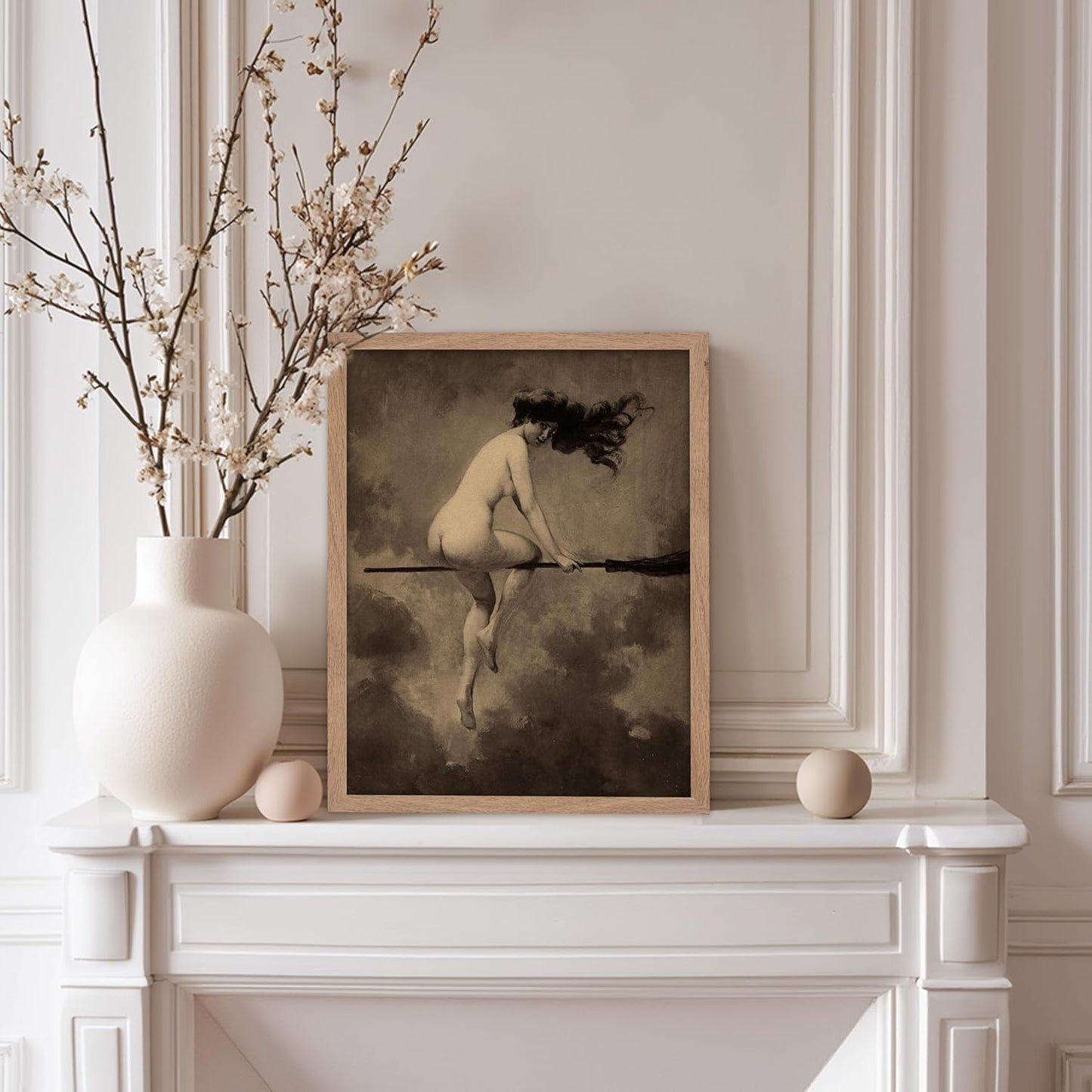 Poster Master Vintage Albert Joseph Penot Poster - Retro Halloween Print - Gift for Artist, Friend - Departure for the Sabbath, Naked Witch on Broom - Wall Decor for Bedroom, 8x10 Beige Framed