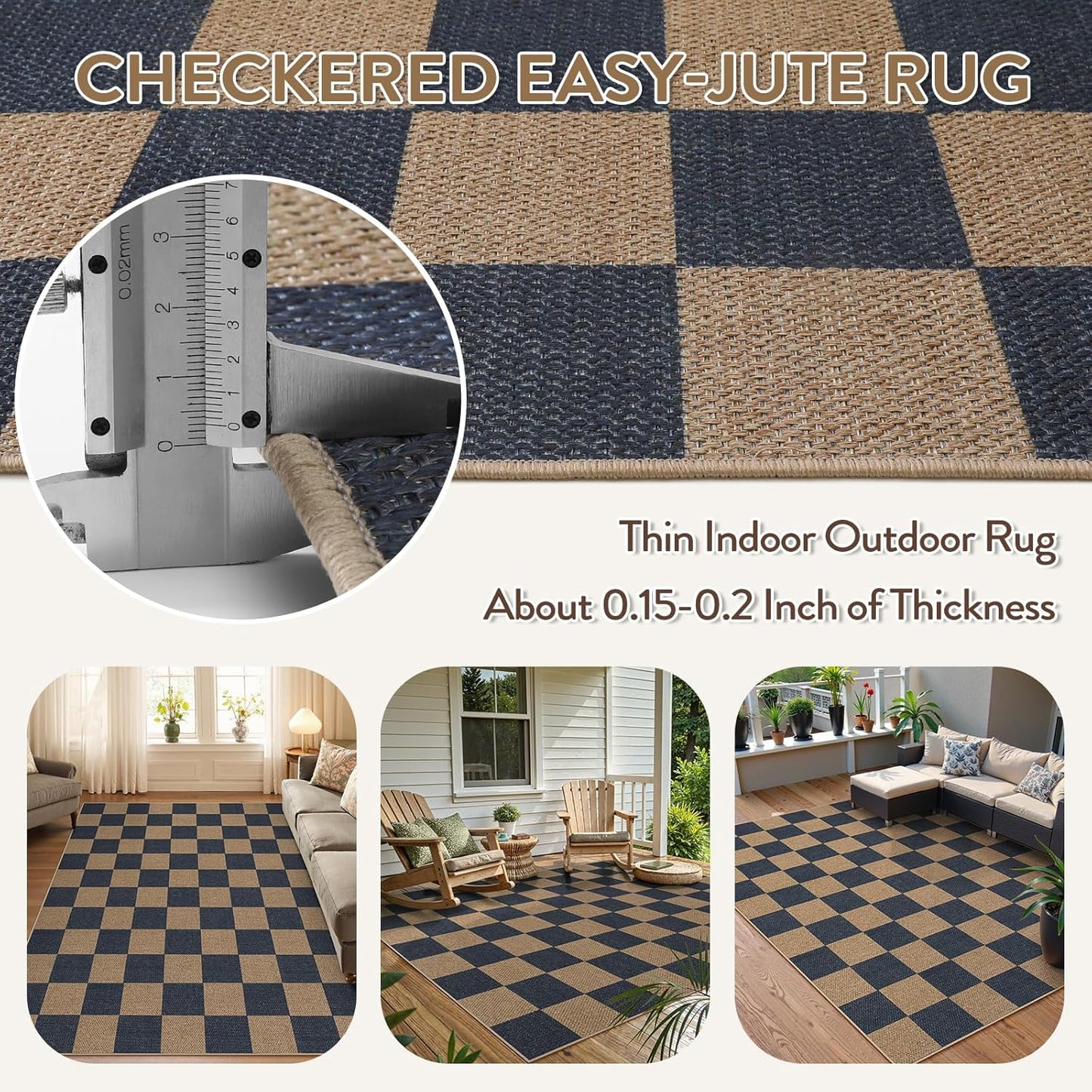 Lahome Checkered Easy Jute Living Room Rugs, 5x7 Dining Room Office Rug Farmhouse Outdoor Patio Carpet, Checkerboard Washable Non Slip Indoor Outdoor Blue Carpet for Backyard Entry Deck