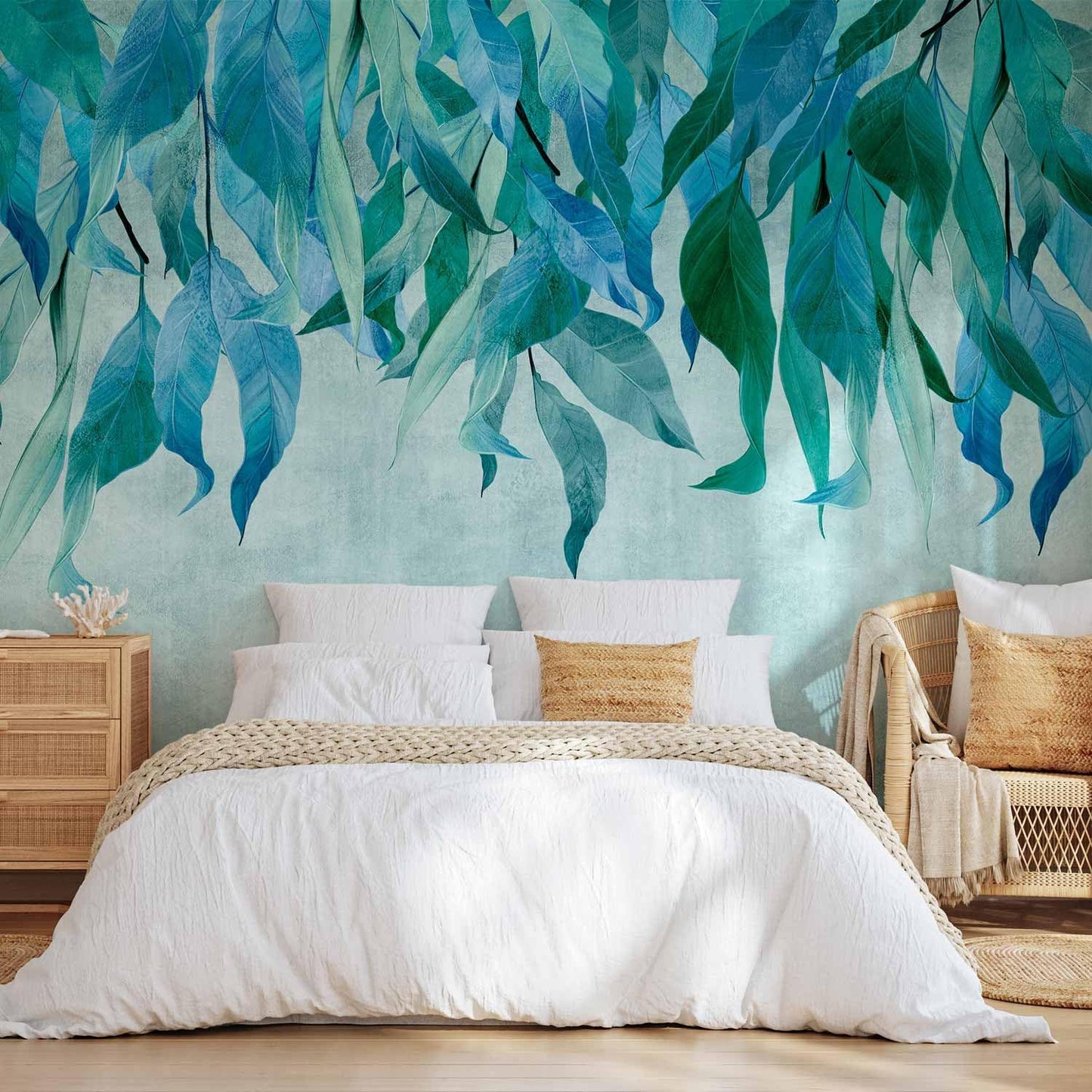 artgeist Wall Mural Hanging Leaves 157x110 in - Non-Woven Wallpaper Fleece Wall Decor Photo Print Picture Image Design Nature Botanical Concrete Green Blue b-C-10146-a-b