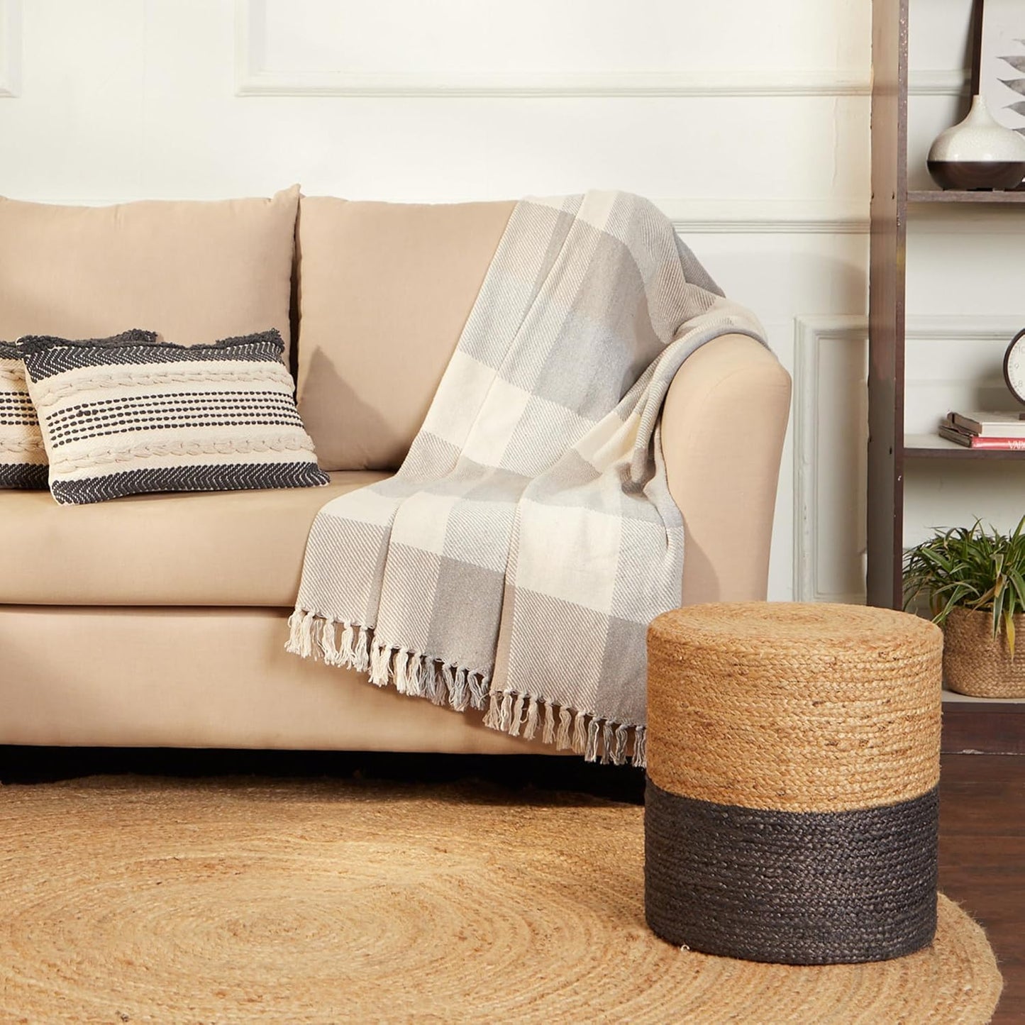 REDEARTH · Cylindrical Pouf Foot Stool Ottoman - Jute Braided Pouffe Poof Accent Sitting Footrest for Living Room, Bedroom, Nursery, Patio, Lounge - Set of 2 (14.5”x14.5”x16”; Natural Gray)