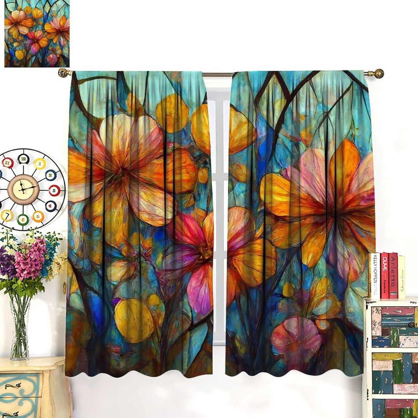 Stained Glass Curtains,Magic Forest Colorful Flowers Abstract Art Home Decor Drapes for Bedroom Living Room Kitchen Window Treatment 2 Panels Set Total Size 42" W X 63" L Inch