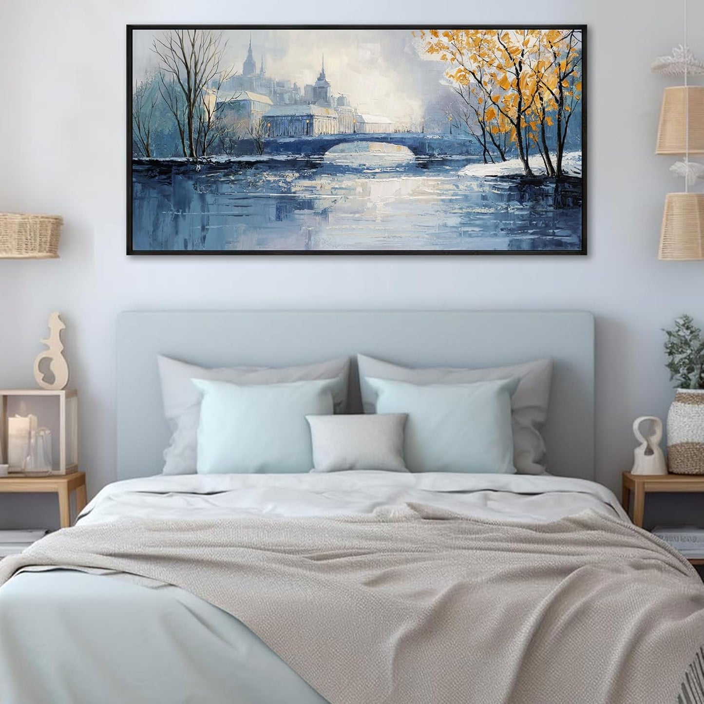 yiijeah Paintings Wall Decor - Wall Frames for Living Room Decorations Abstract Canvas Wall Art Blue and White Extra Large Artwork for Bedroom Office Home Decoration