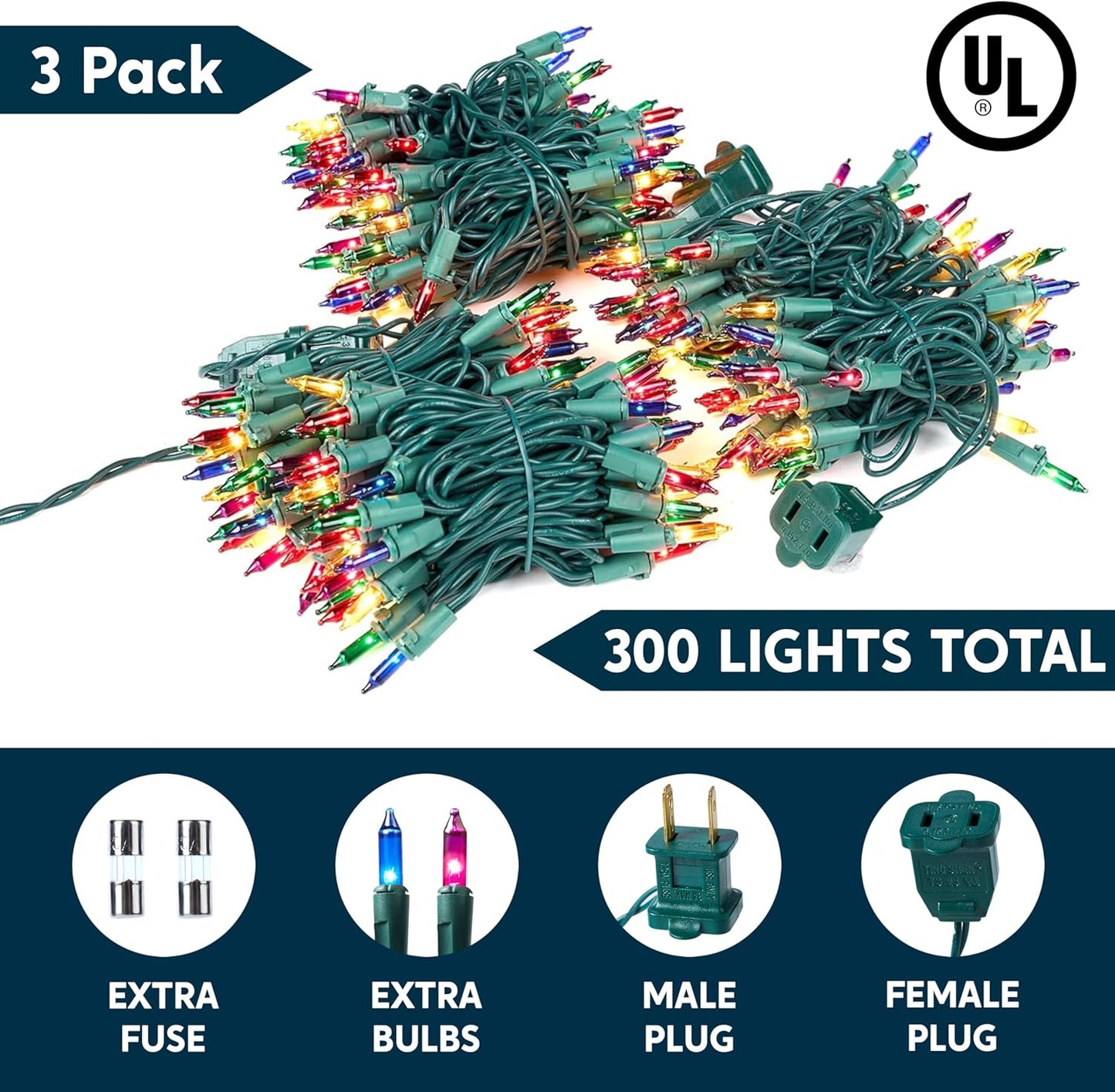 Joiedomi Multicolor Christmas String Lights,300(3x100) 64.2FT Christmas Fairy Tree Lights Plug in for Indoor Outdoor Xmas Decorations Patio Holiday Theme Party Yard House,Green Wire