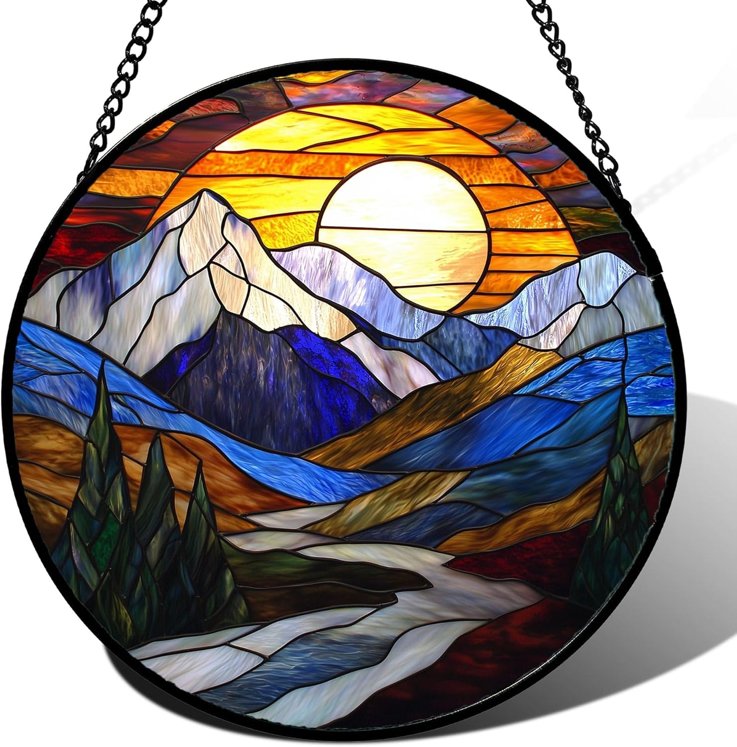 Stained Glass Window Hanging, Yellow Blue Sunset Mountains Scenery Sun Catcher for Window Home Decor Landscape Suncatcher Mother's Day Birthday Gifts for Women Men Mom and Nana 7.8 in