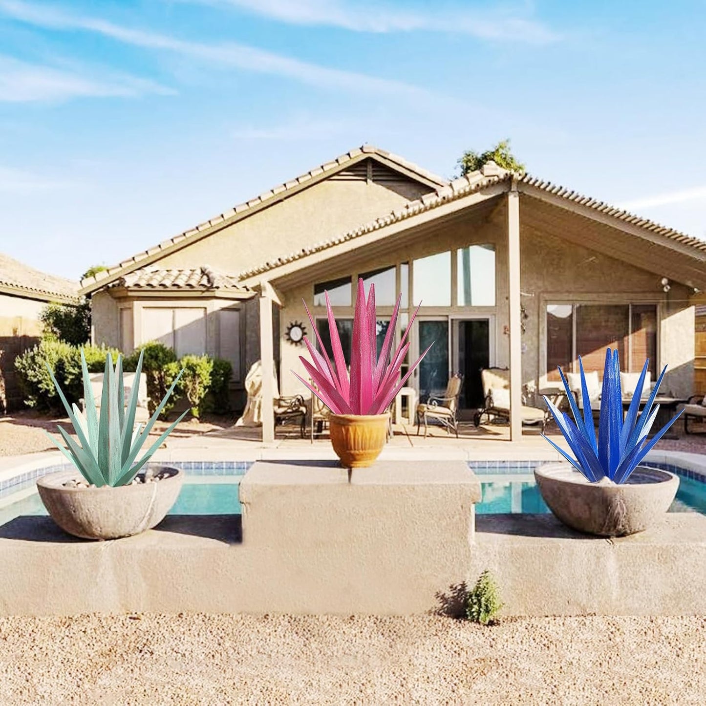 Large Tequila Rustic Sculpture, Rustic Metal Agave Plants for Outdoor Patio Yard, Home Decor Hand Painted Metal Agave Garden Yard Statue, Outdoor Lawn Ornaments Yard Stakes (Rose Red - M)