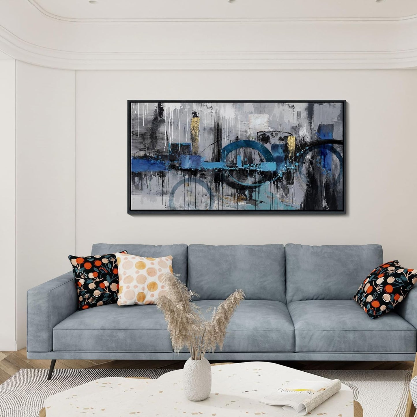 KLAKLA Abstract Canvas Wall Art - Blue and Gray Lnk Style Gold City Scenes Wall Decor Living Room Bedroom Decoration Black Frame Picture Artwork for Wall Modern Landscape Wall Decor