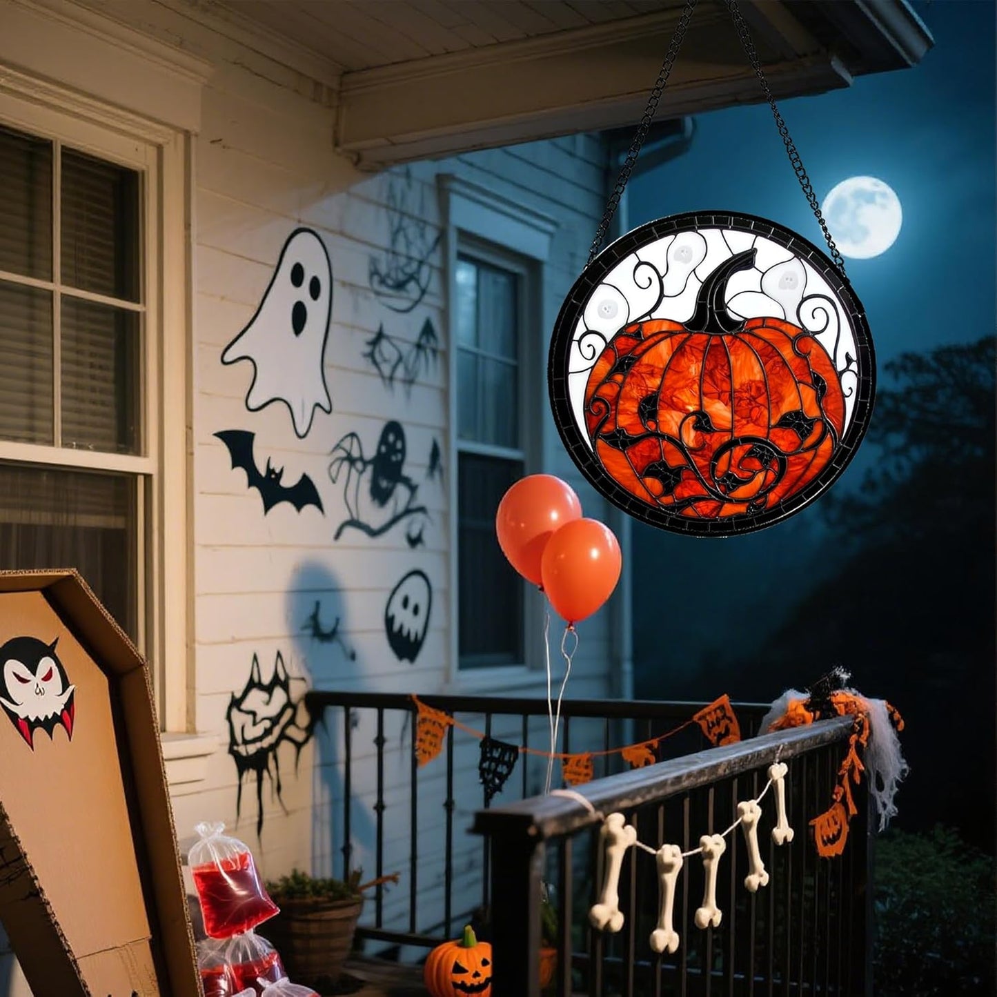 Stained Glass Window Hanging - Halloween Red White Scary Pumpkin Suncatcher for Doors Garden Home Spooky Rattan Sun Catchers Gothic Decor Horror Gifts for Women Men Friend Boy Girl 9.8 in