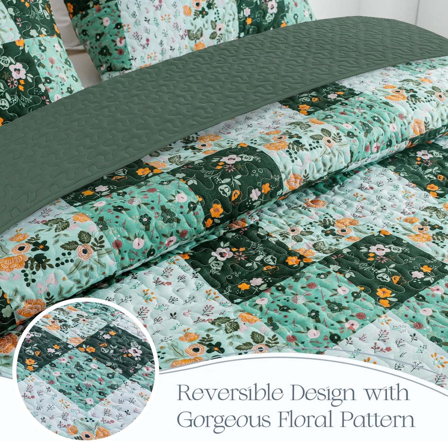 Exclusivo Mezcla Reversible Boho Quilt Set Twin Size, 2 Pieces Patchwork Green All Season Bedspreads, Ultra Soft Floral Coverlet Bedding Set with Printed Pattern (1 Quilt, 1 Pillow Sham)