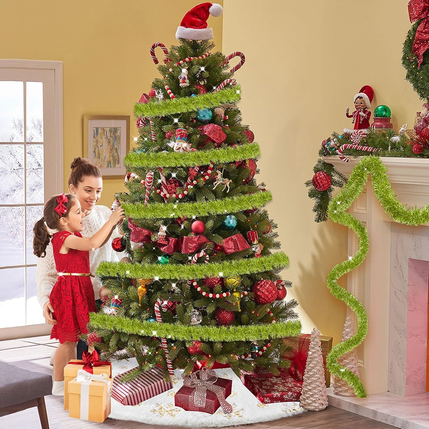 25 Feet Metallic Twist Tinsel Garland - Wall Hanging Backdrop for Parade Floats, Christmas Eve, New Year, Valentine's Day Parties (Light Green, 4in x 25ft)