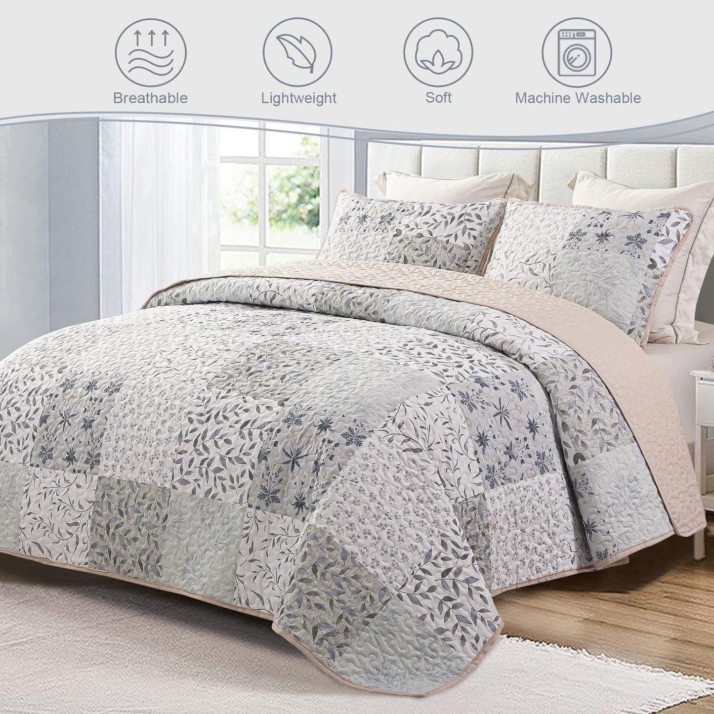 Exclusivo Mezcla Reversible Boho Quilt Set King Size, 3 Pieces Patchwork Gray All Season Bedspreads, Ultra Soft Floral Coverlet Bedding Set with Printed Pattern (1 Quilt, 2 Pillow Shams)