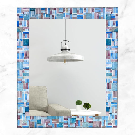 30x24 Rectangular Shape Iron Frame Wall Mirror with Glass Mosaic Tiles- Multi Blue for Vanity, Bathroom, Living Room, Home Decor
