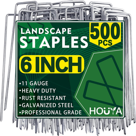 500 Pack Landscape Staples 6 Inch 11 Gauge Garden Stakes Galvanized Garden Staples Pins Anti-Rust Ground Stakes for Weed Barrier, Irrigation Tubing, Yard Lawn and Landscape Fabric