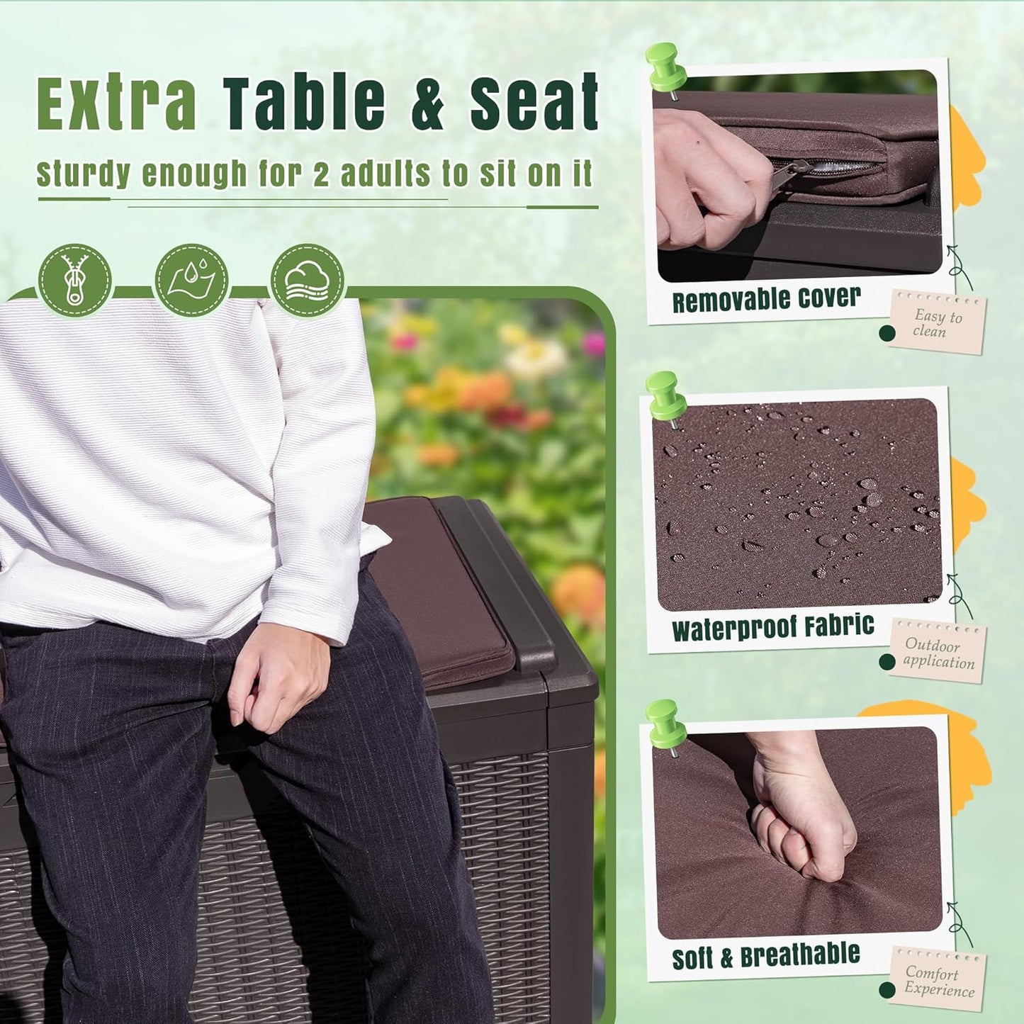 Greesum 100 Gallon Resin Deck Box Large Outdoor Storage with Cushions for Patio Furniture, Garden Tools, Pool Supplies, Weatherproof and UV Resistant, Lockable, Dark Brown