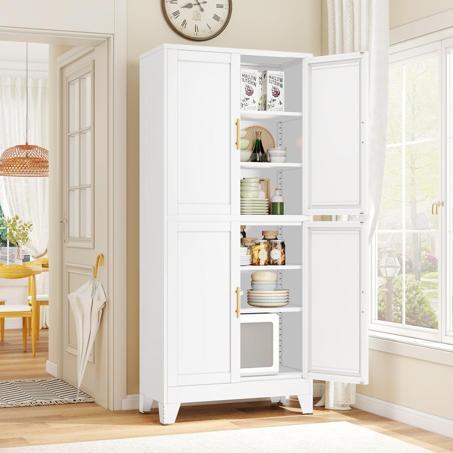 75.2" Tall Metal Pantry Cabinet, Kitchen Pantry Storage Cabinets with 4 Door and 4 Adjustable Shelves, White Storage Cabinet, Freestanding Cupboard for Kitchen Dining Room Living Room Bathroom