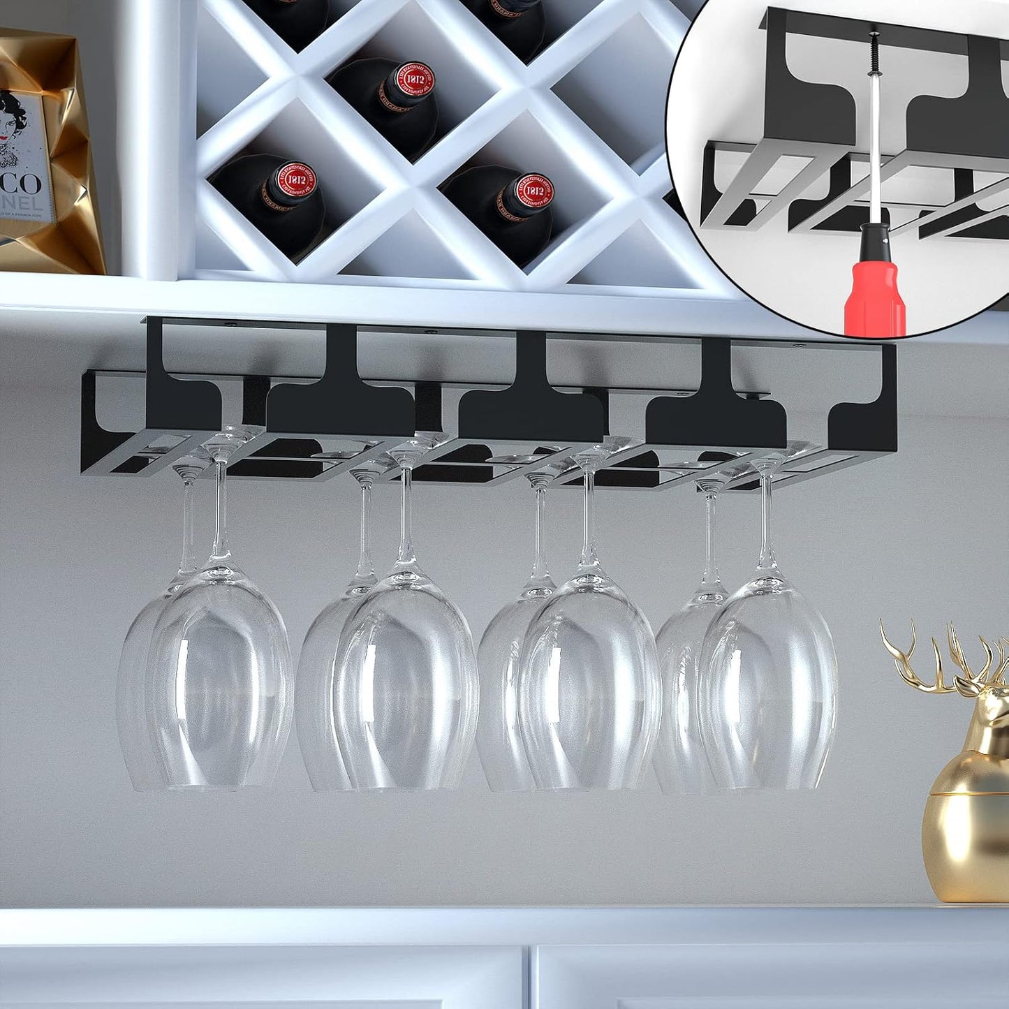 Wine Glass Rack - Under Cabinet Stemware Wine Glass Holder Glasses Storage Hanger Metal Hanging Organizer for Bar Kitchen, Black 4 Rows 2 Packs
