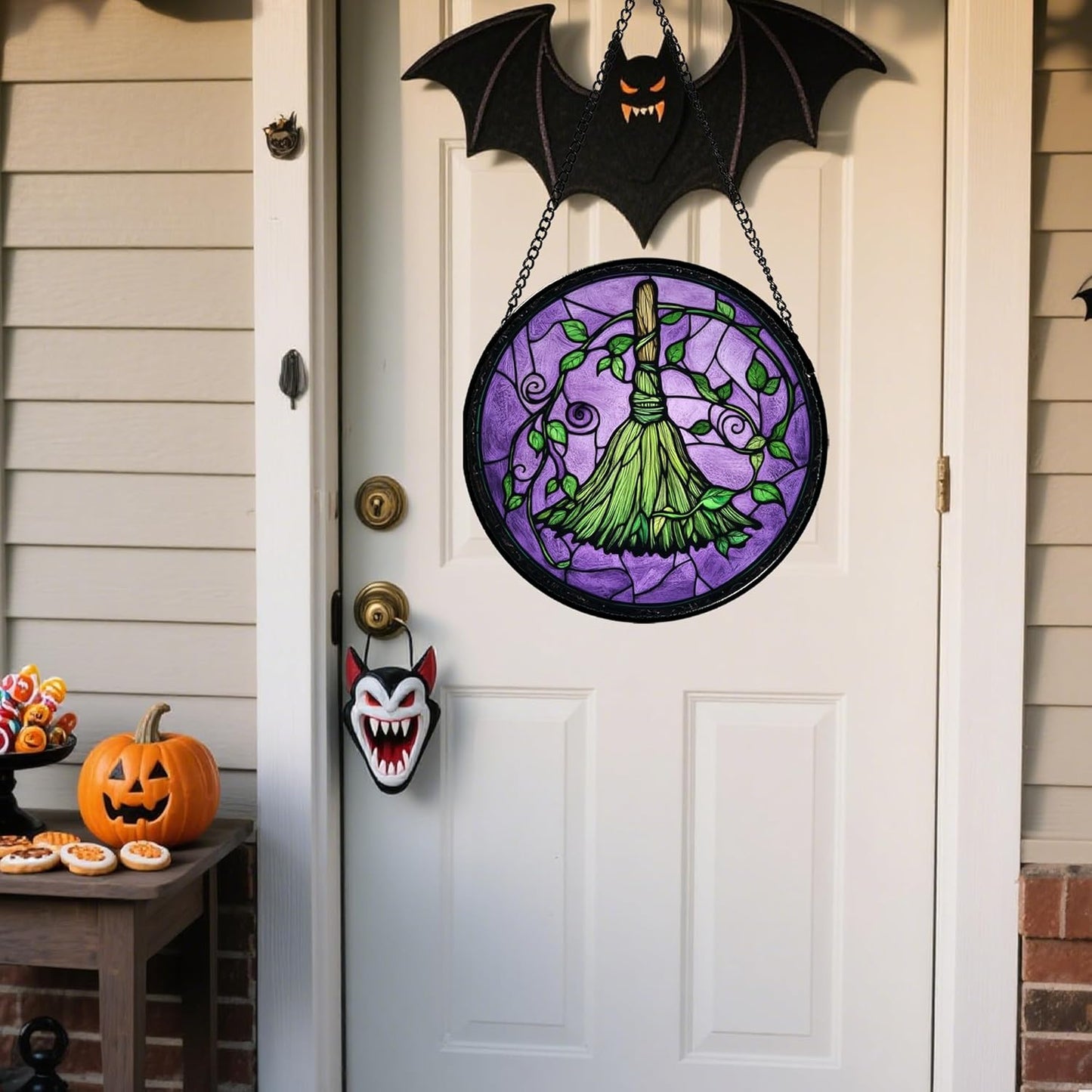 Stained Glass Window Hanging - Halloween Decorations Witch Magic Broom Suncatcher for Doors Garden Indoor Funny Spooky Sun Catchers Gothic Decor Horror Gifts for Women Men Friend 9.8 in