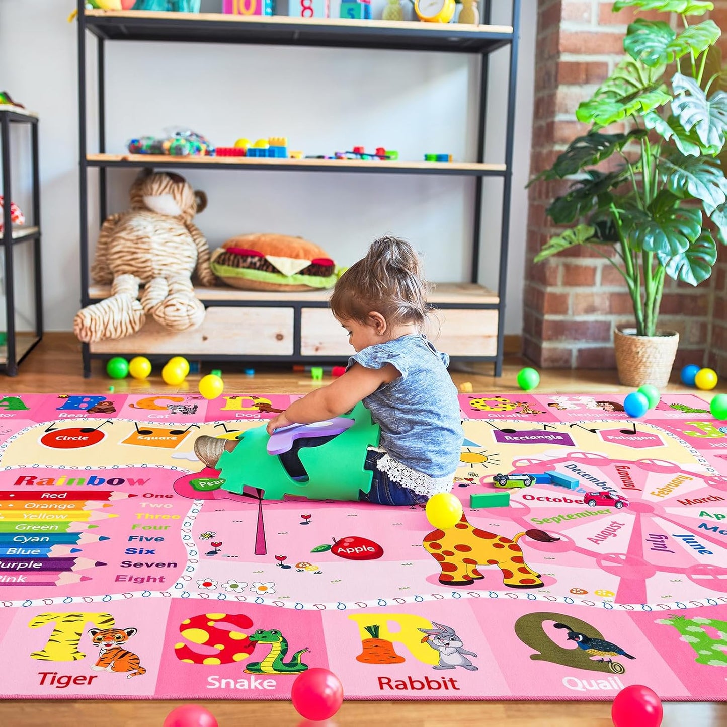 Kids Rugs for Playroom Bedroom Classroom Nursery, Non-Slip and Washable Rugs for Children Toddlers Girls, Educational and Fun Rug Carpets with ABC Alphabet Animals Shapes, 3x5, Pink