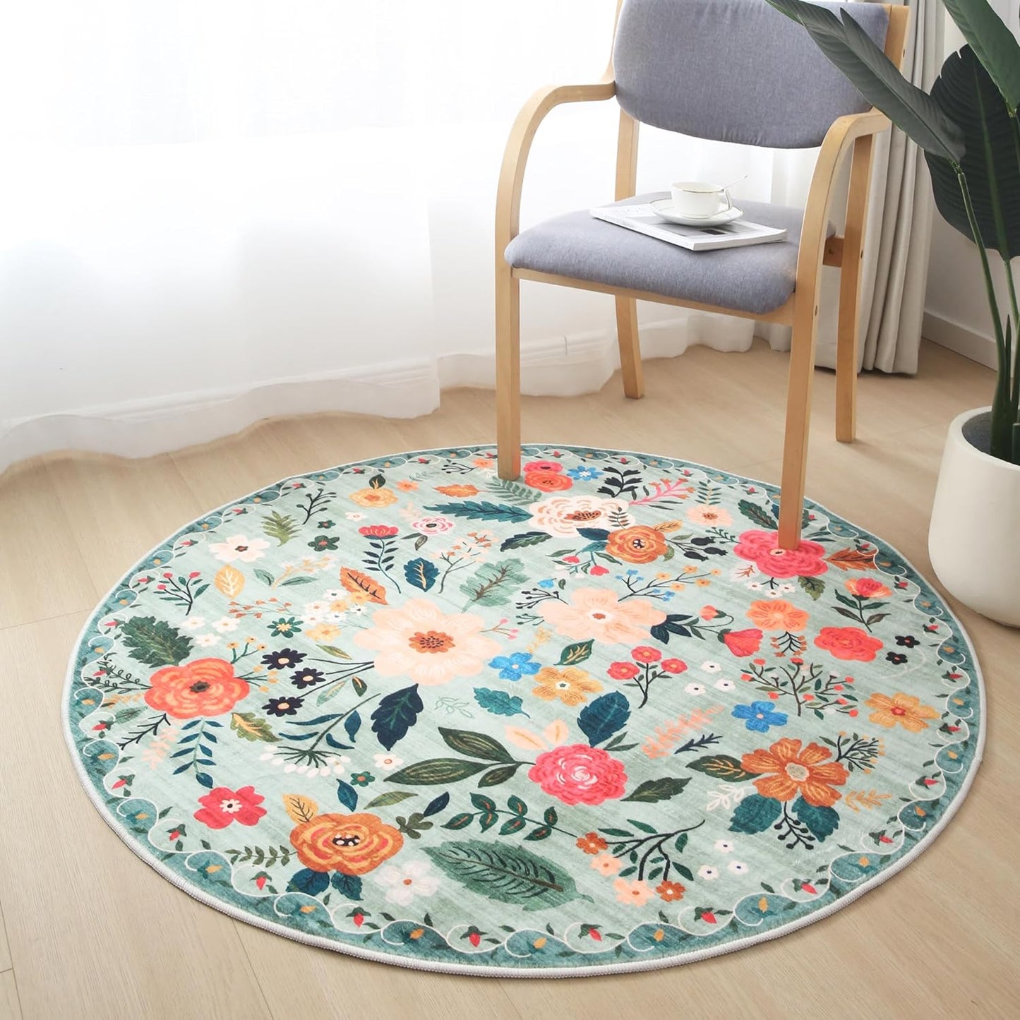 Round Rug 6ft Washable Circle Rug Non Slip Low Pile Boho Floral Small Circular Rug for Bedroom, Bathroom, Entryway, Kids Room, Office, College Dorm(Green)