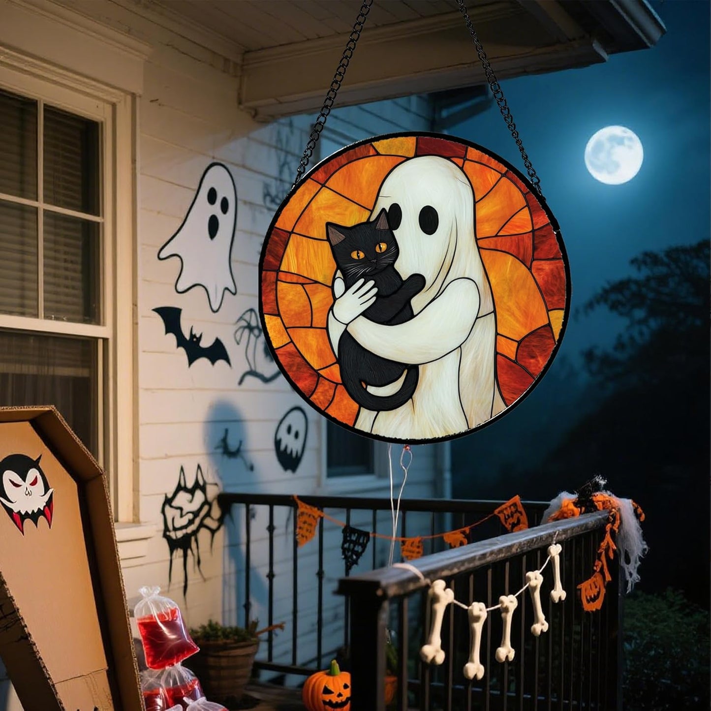Stained Glass Window Hanging - Halloween Decorations White Ghost Black Cat Suncatcher for Doors Garden Spooky Funny Orange Sun Catchers Gothic Decor Horror Gifts for Women Men Friend 6.3 in
