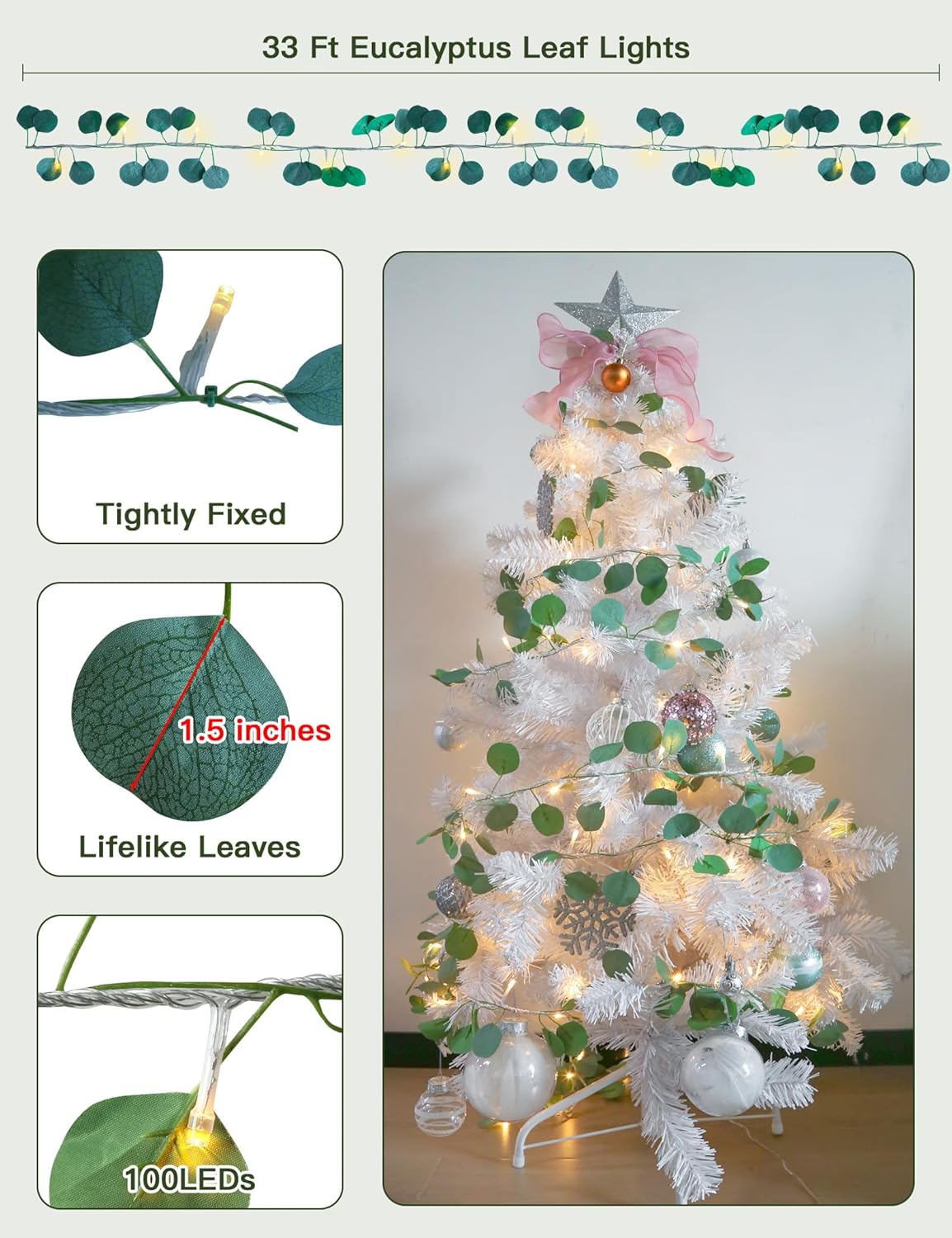 suddus Vines with Lights Plug in, 33ft 100 LED Eucalyptus Garland String Light Connectable with Remote, Leaf Lights for Bedroom, Room, Wall, Garden, Party, Wedding Decor (Warm White)