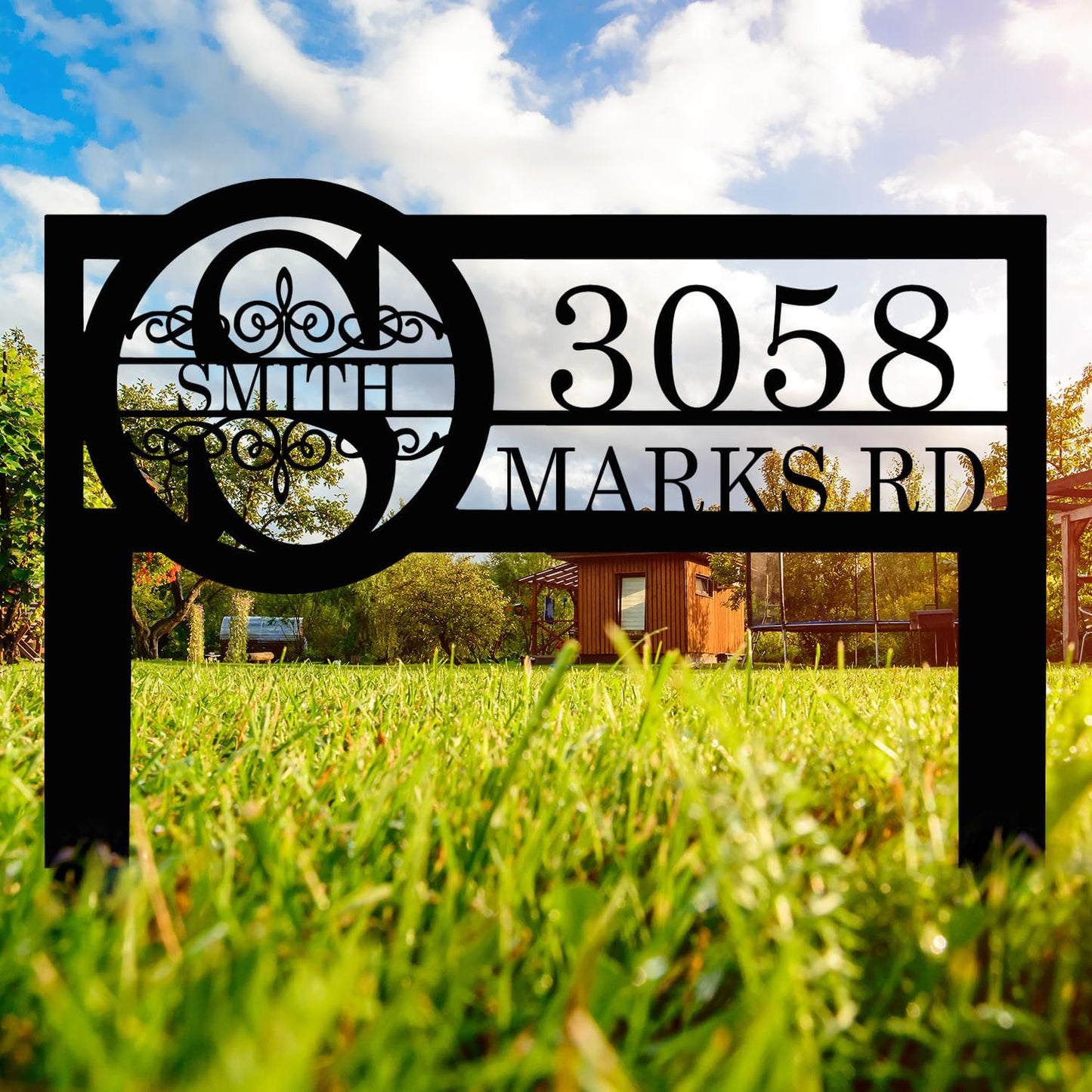 Personalized Metal Yard Address Sign with Last Name and Monogram, House Number Sign for Lawn and Patio